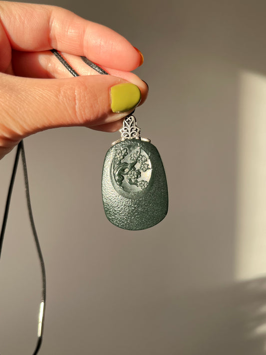 Vintage Style Carved Jade Plum Blossom Pendant, 和田青玉复古银扣头梅花牌