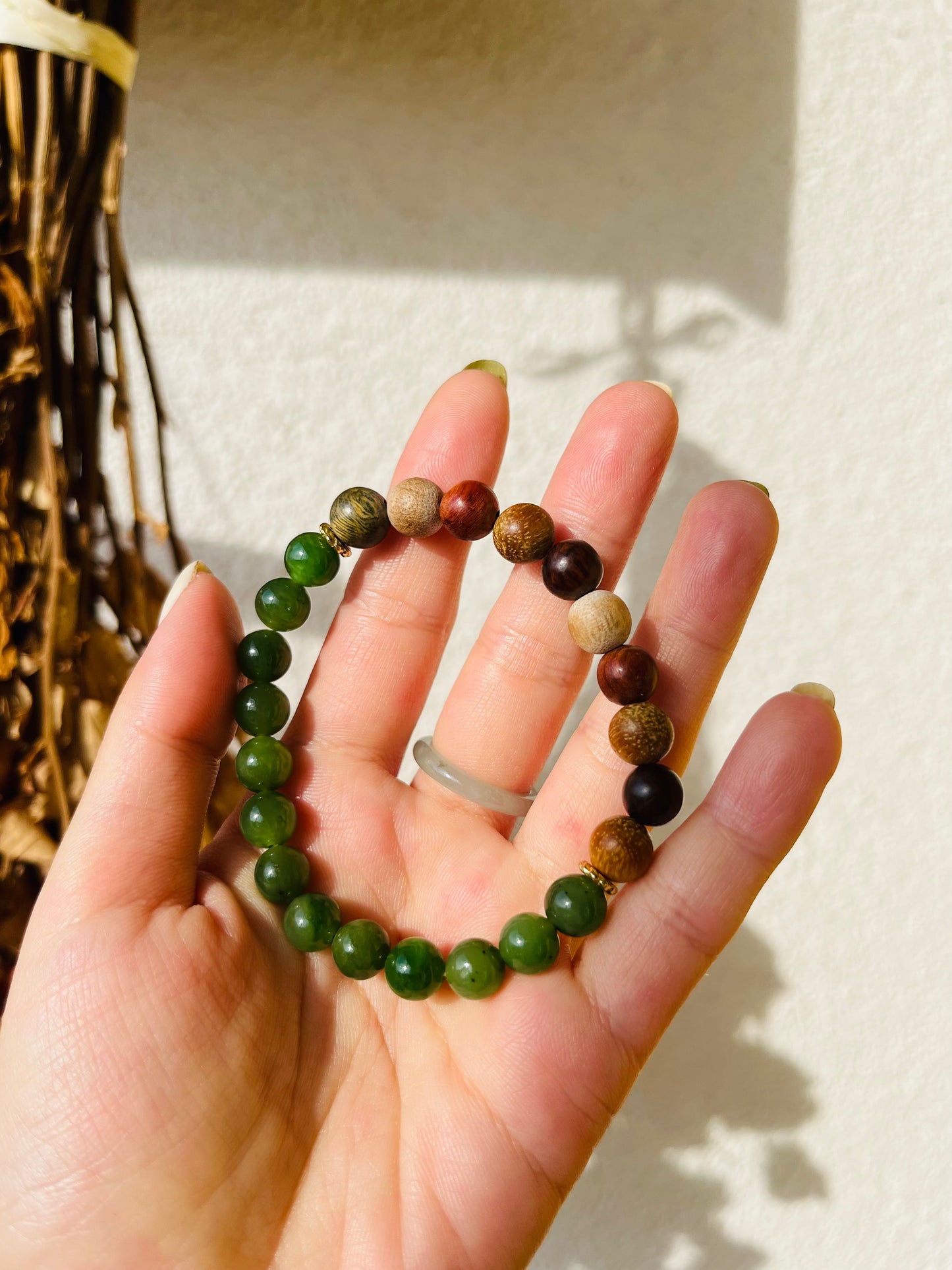 Handmade Bracelet with 8mm Jade Beads and Mixed wood Beads