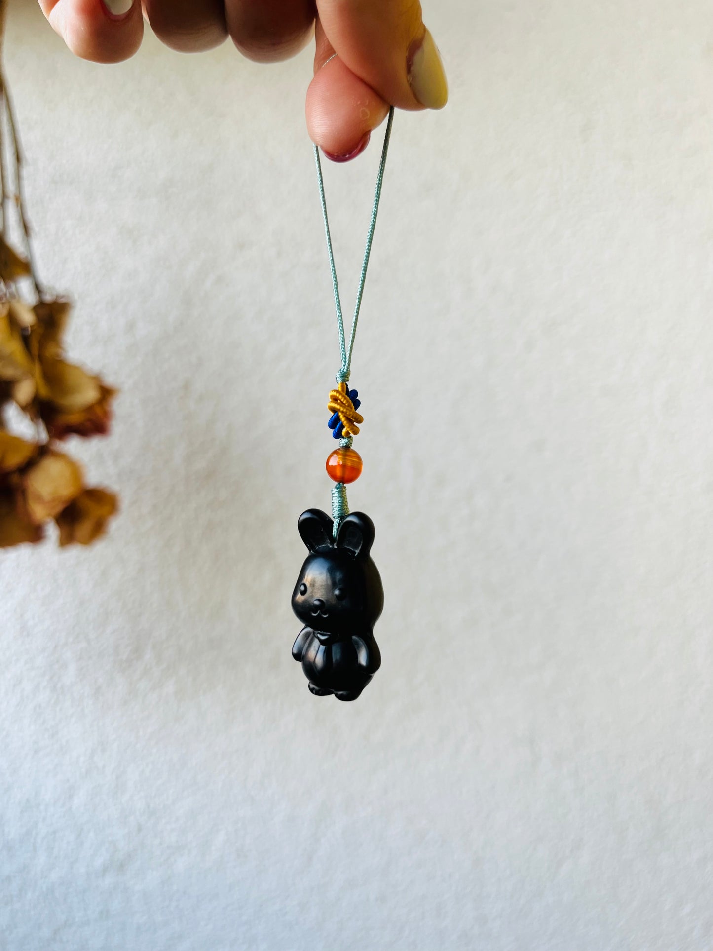 Handmade Phone Charm with a Carved Black Jade Rabbit