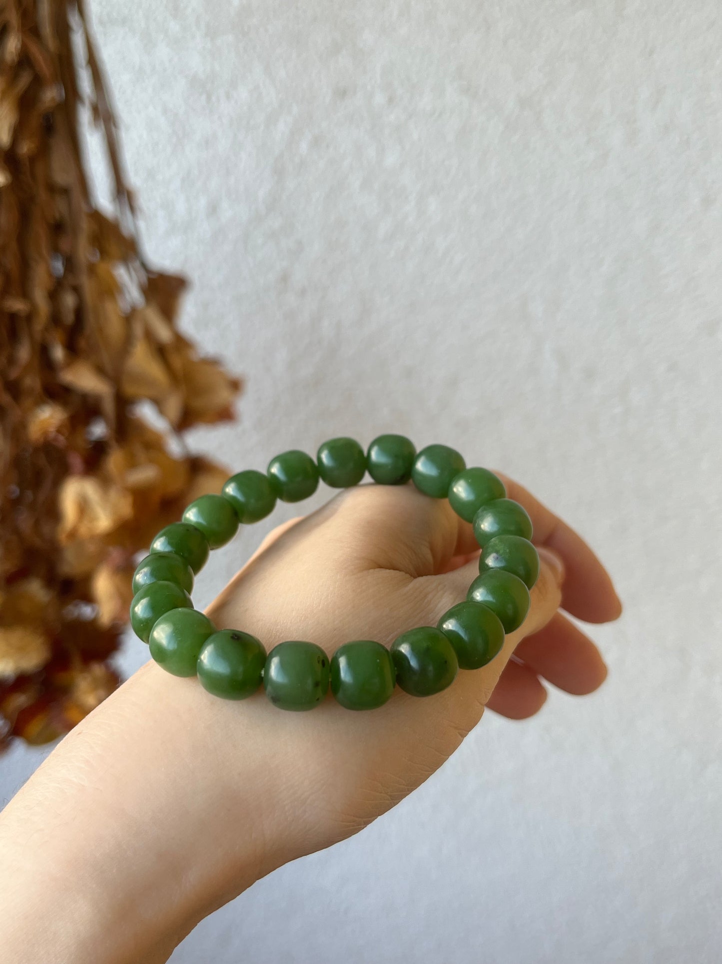 Green Nephrite Jade Beaded Bracelet 10mm x 8mm