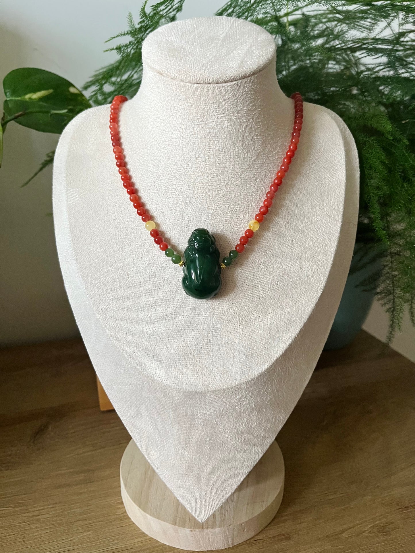 Handmade Necklace with a Carved Green Jade Pixiu and Nanhong Agate Beads