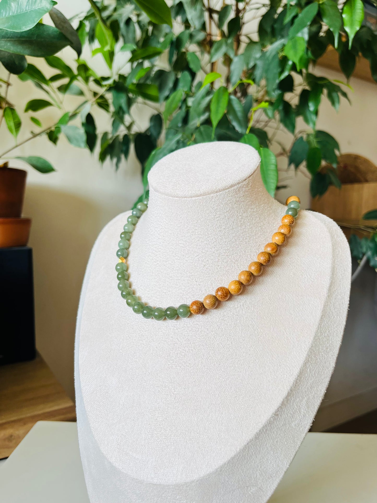 Handmade Necklace with 8mm Green Jade Beads and Bamboo Beads