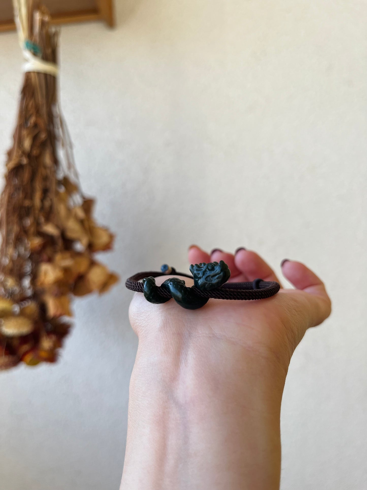 Hand Carved Dark Cyan Jade Chinese Dragon Pendant Bracelet, 手雕青玉盘龙手绳