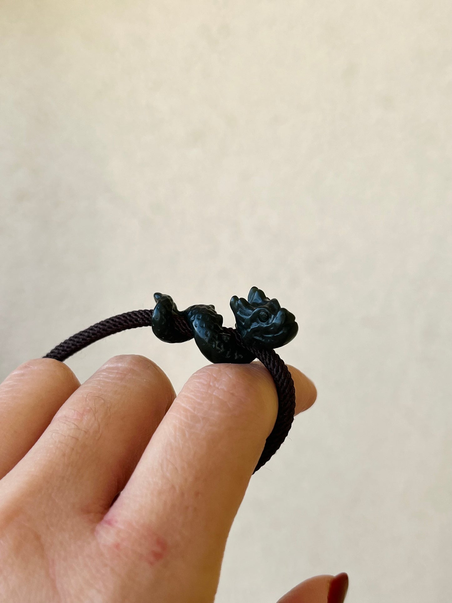 Hand Carved Dark Cyan Jade Chinese Dragon Pendant Bracelet, 手雕青玉盘龙手绳