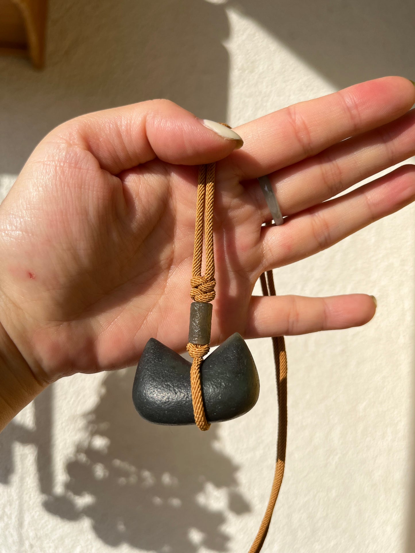 Hand Carved Jade Cat Ear Pendant, 和田青花古风猫耳