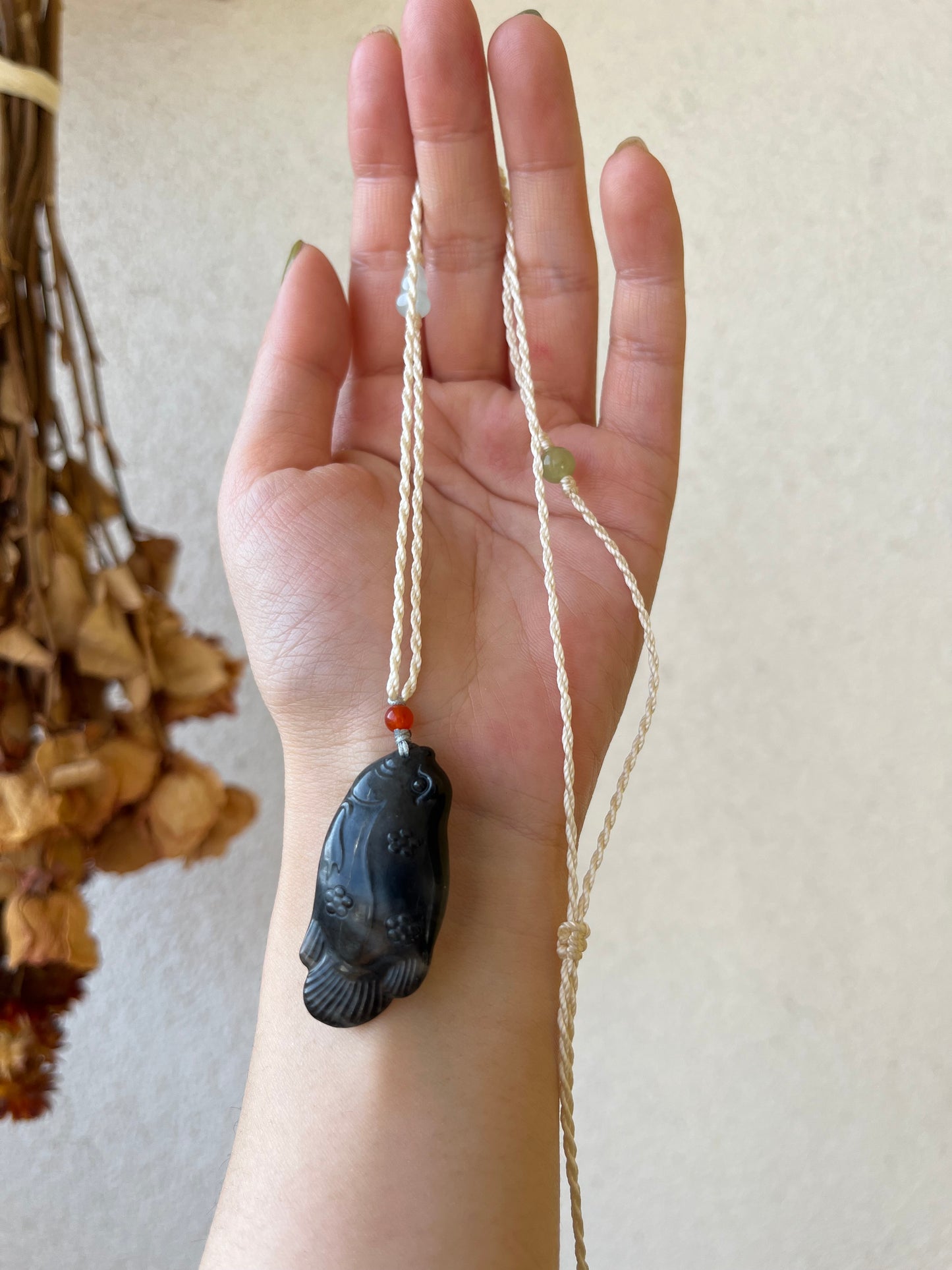 Handmade Necklace with a Hand Carved Black Jade (Qinghua) Fish Pendant and a Hand woven Cord, 手雕和田青花鱼吊坠