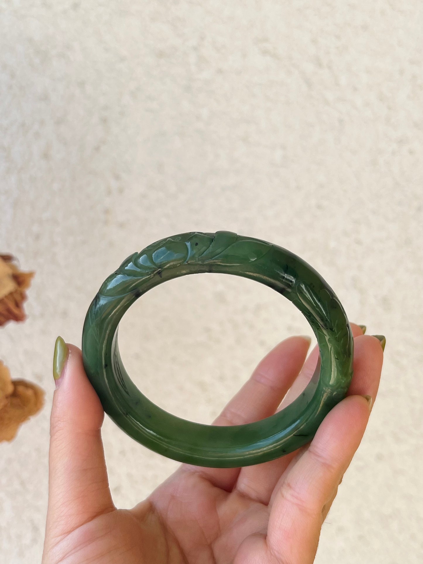 Carved Green Nephrite Jade Bangle 57mm