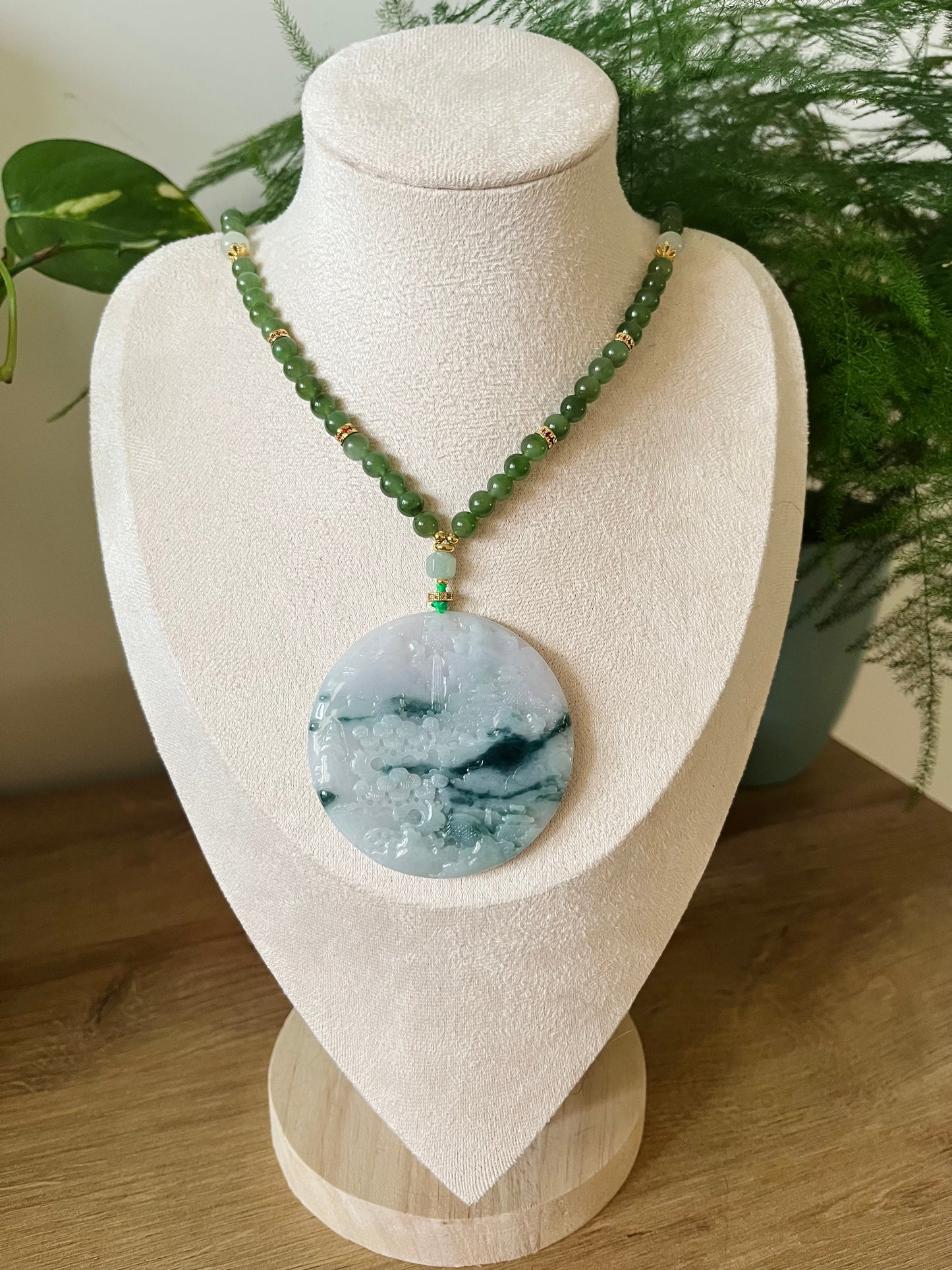 Hand Carved White and Green Jadeite Landscape Pendant, 手雕翡翠山水