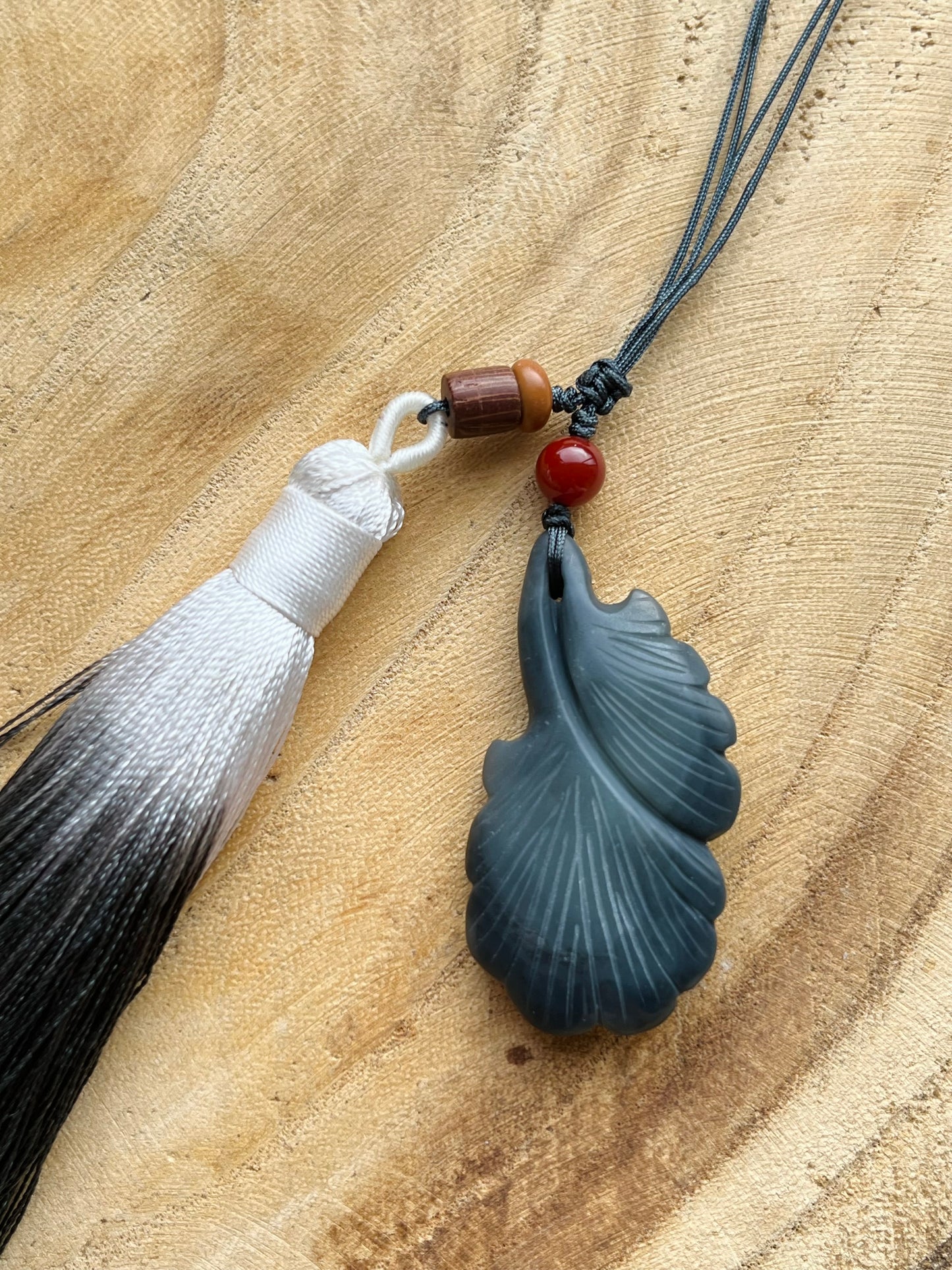 Handmade Bag Charm with a Hand Carved Qinghua Jade Ginkgo Biloba Pendant, 手雕和田青花银杏叶包挂