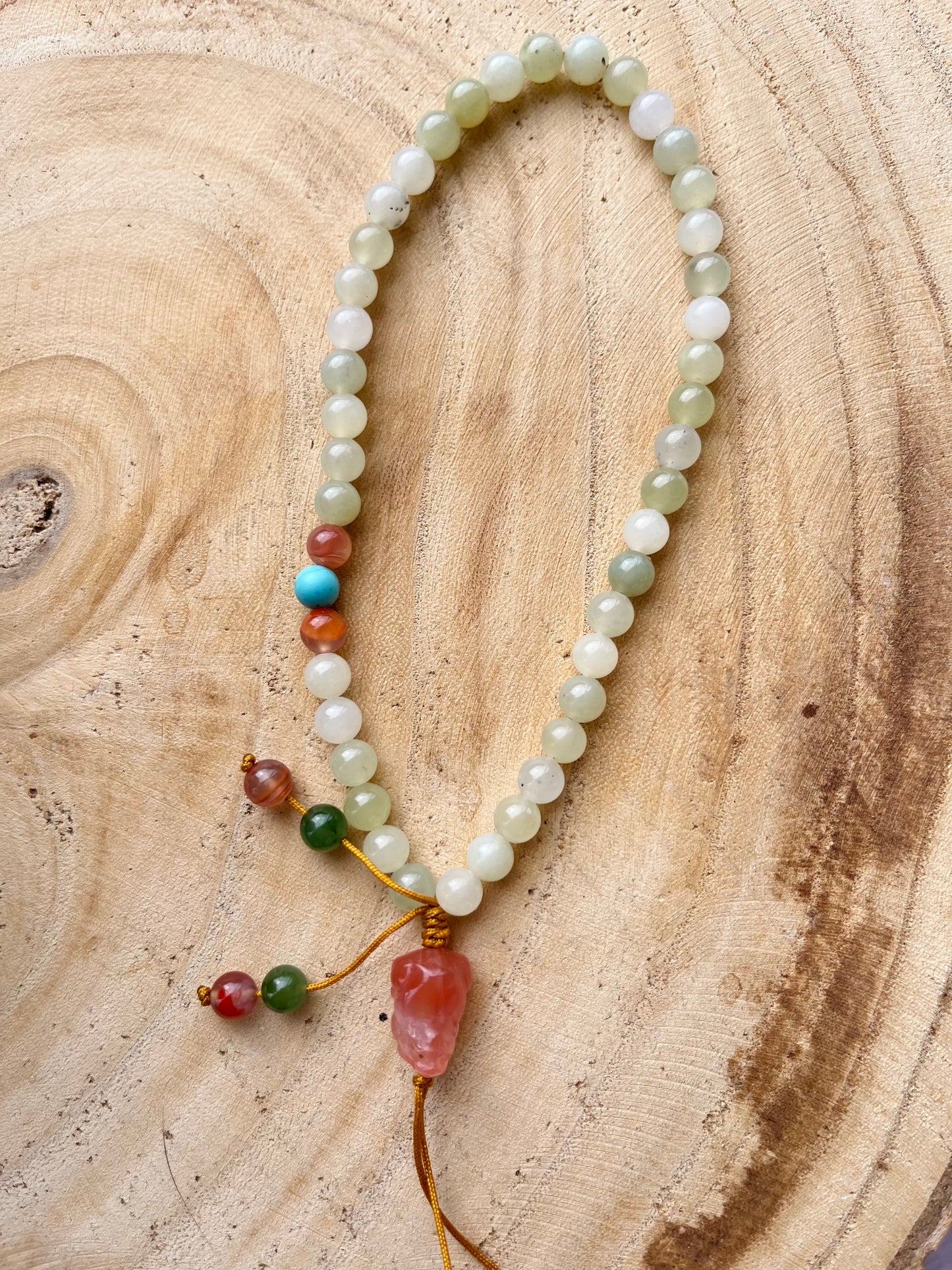 Handmade Jade Beaded with Agate Pixiu Phone Strap，手编和田玉南红貔貅手机链