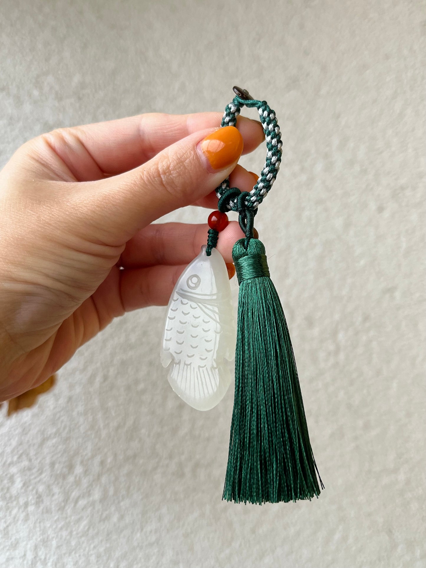 Handmade Bag charm with a Hand Carved Jade Fish, 手雕白玉鱼包挂