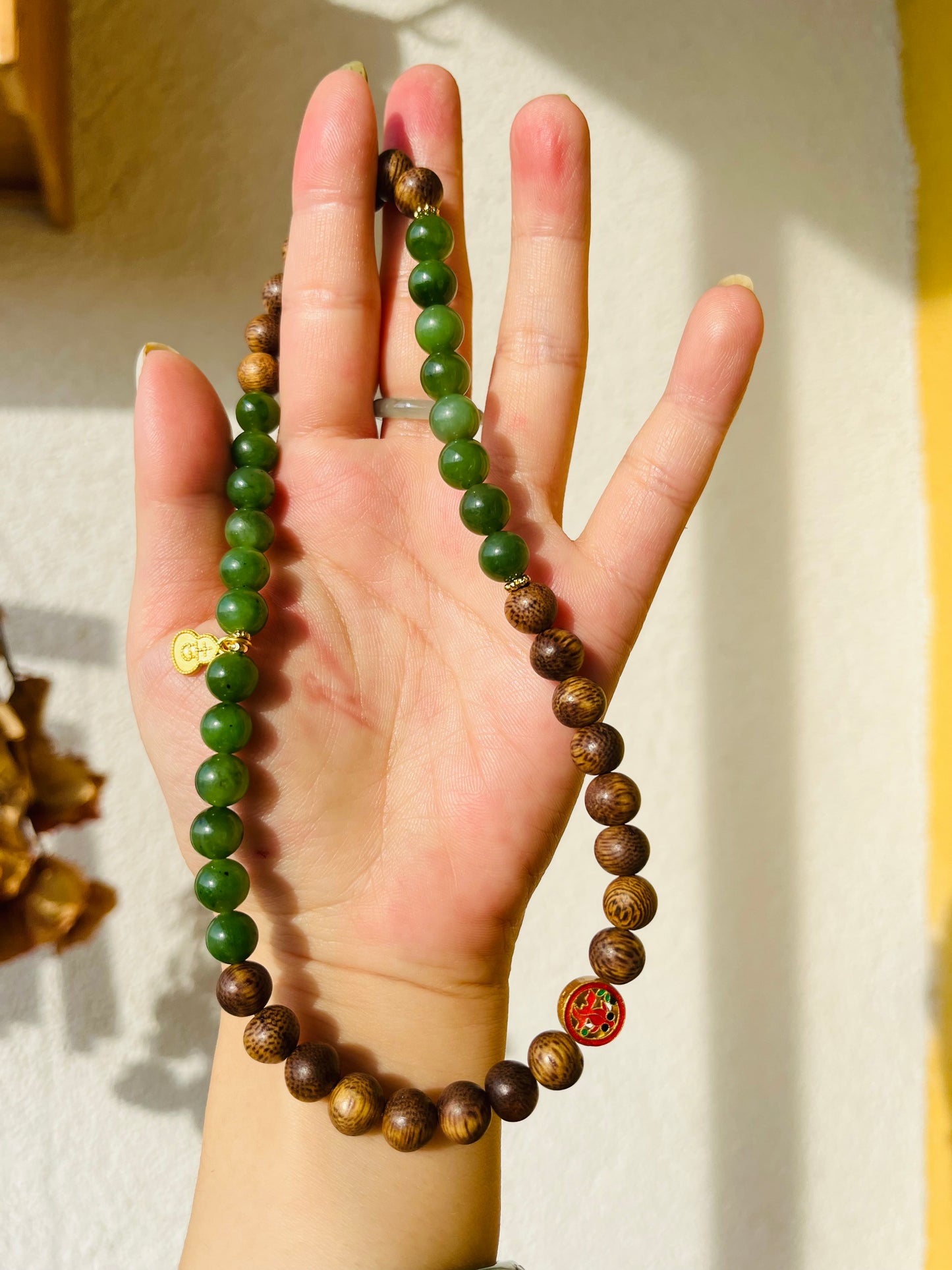 Handmade Double Loop Bracelet with 8mm Jade Beads and Sandalwood beads