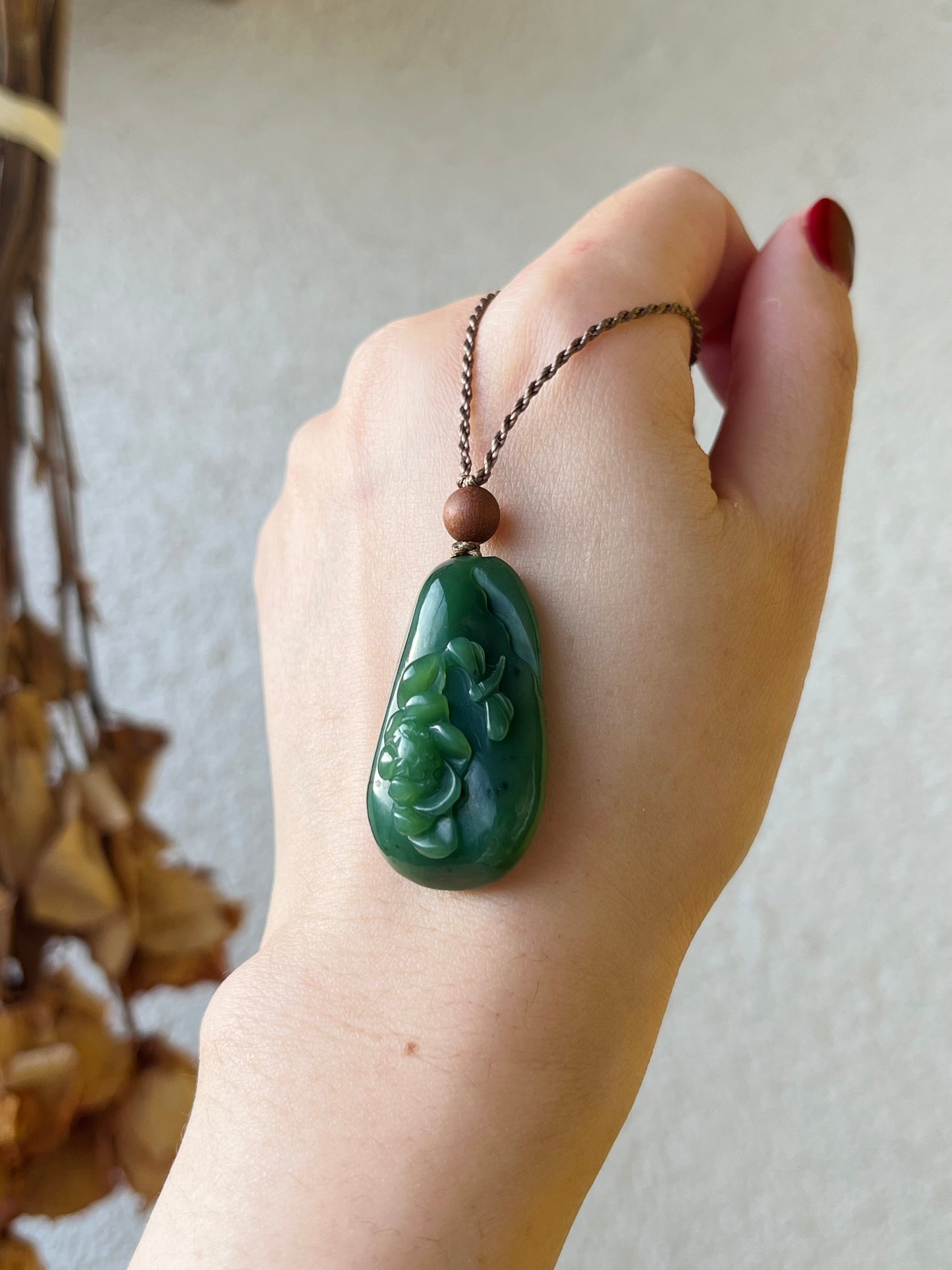 Handmade Necklace with a Hand Carved Green Jade Lotus and Dragonfly Pendant