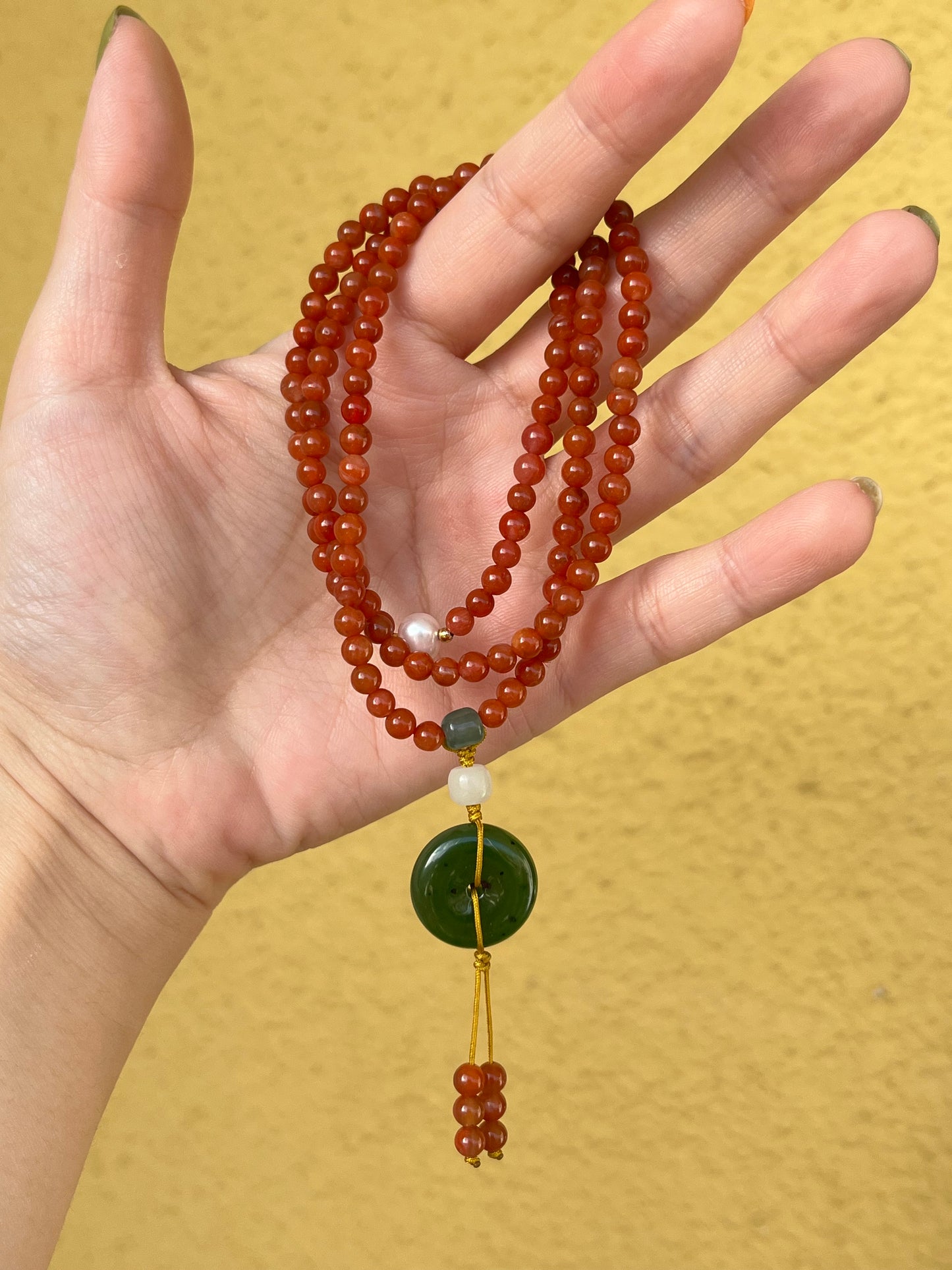 Multi-Function Three Loop Southern Red Agate Beaded Bracelet with a Green Jade PI pendant (ping an kou), 南红多圈手串加碧玉平安扣