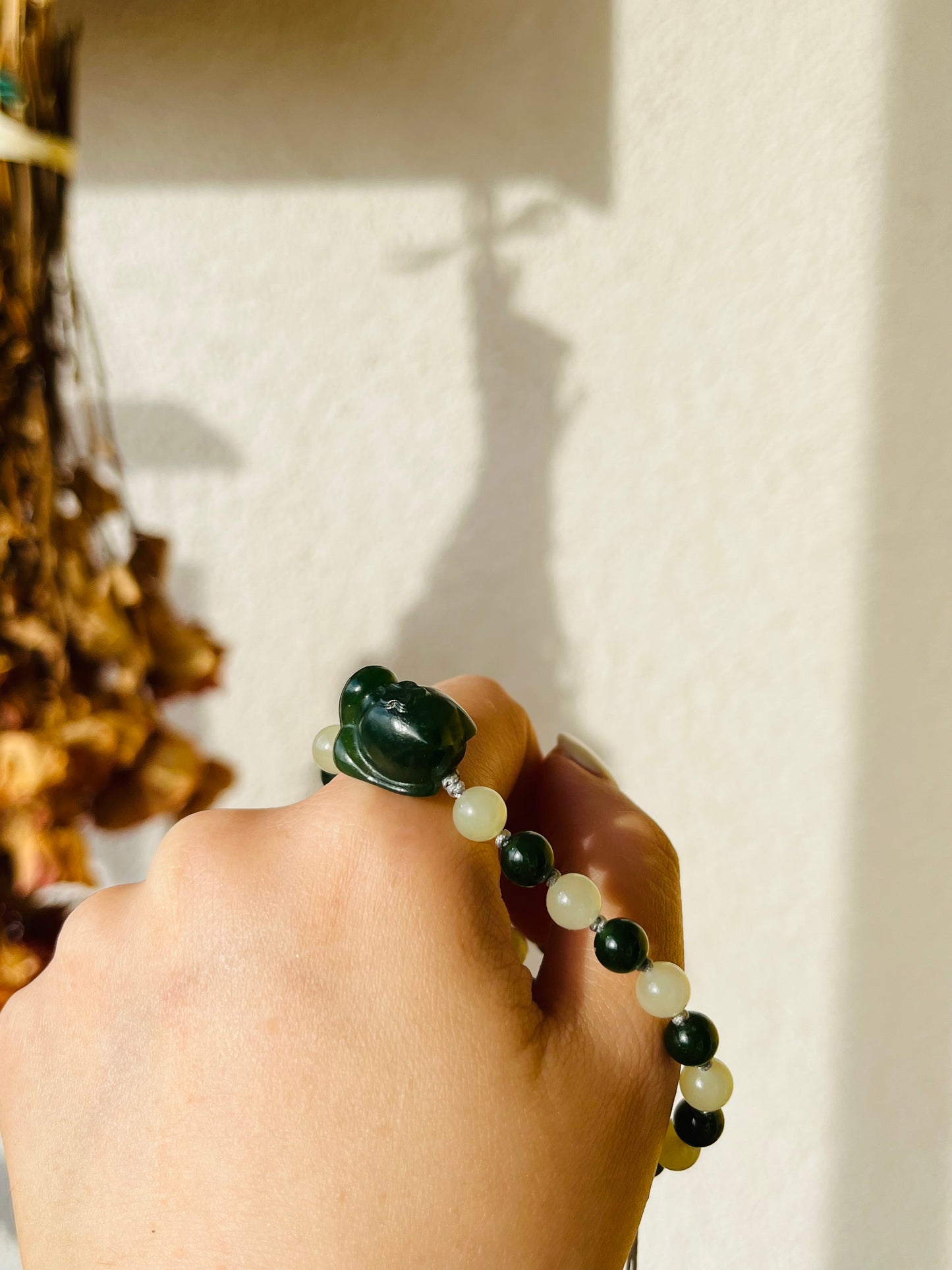 Handmade Bracelet with 6mm Green and Yellow Jade Beads and Hand Carved Cat