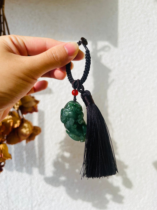 Handmade Bag Charm with a Carved Green Jade Pixiu, 碧玉貔貅包挂