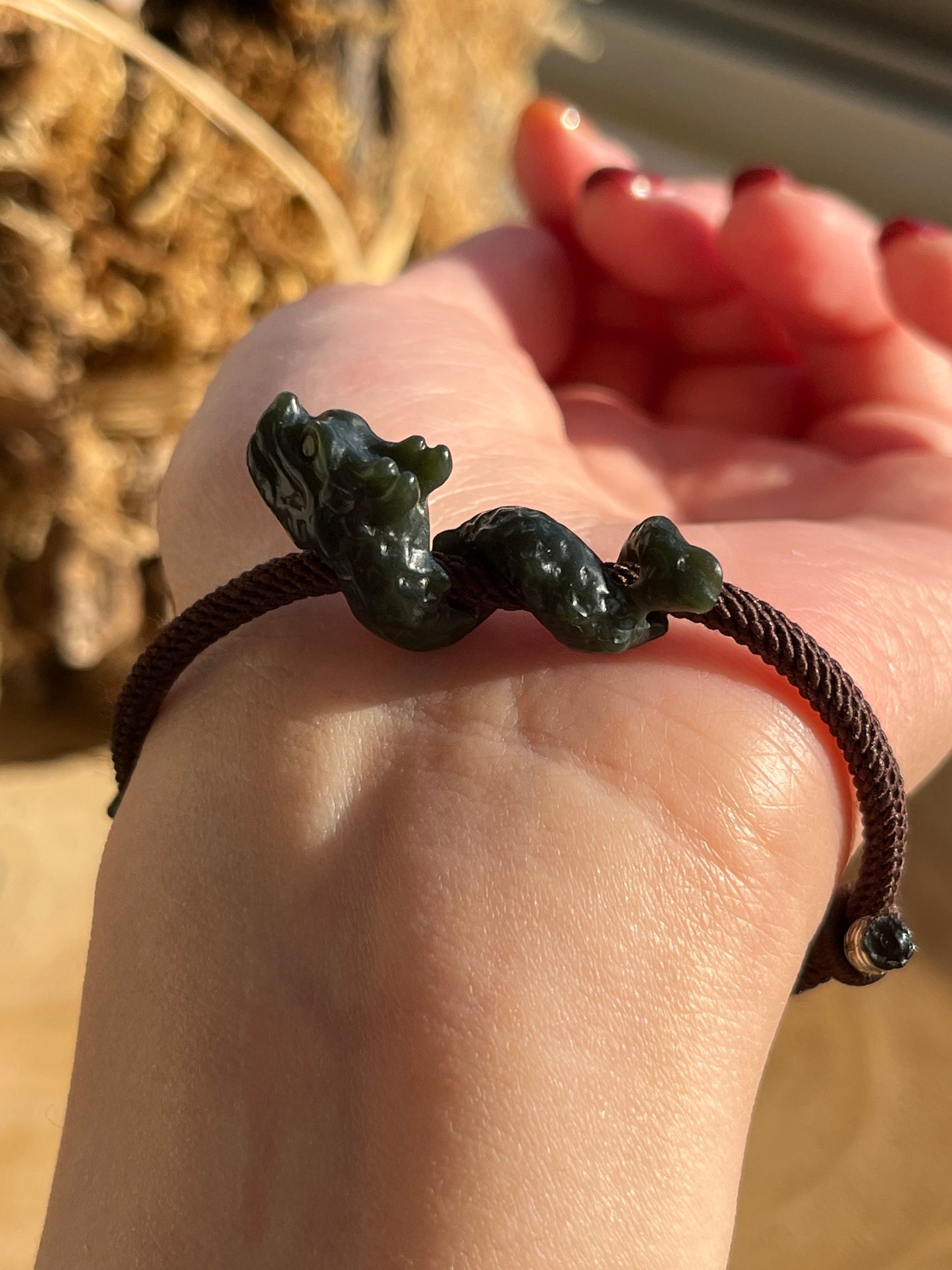 Hand Carved Dark Cyan Jade Chinese Dragon Pendant Bracelet, 手雕青玉盘龙手绳