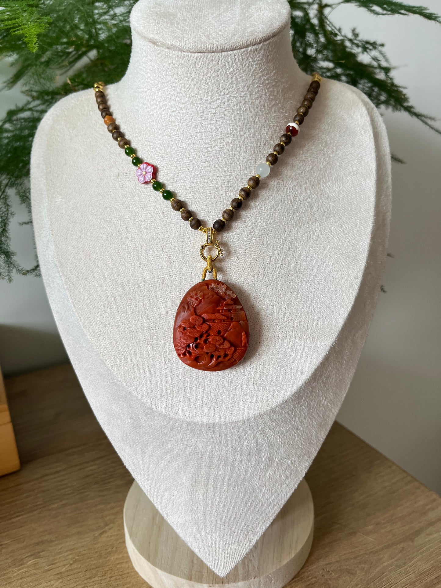 Handmade Necklace with a Hand Carved Nanhong Agate Landscape Pendant, 手雕南红山水