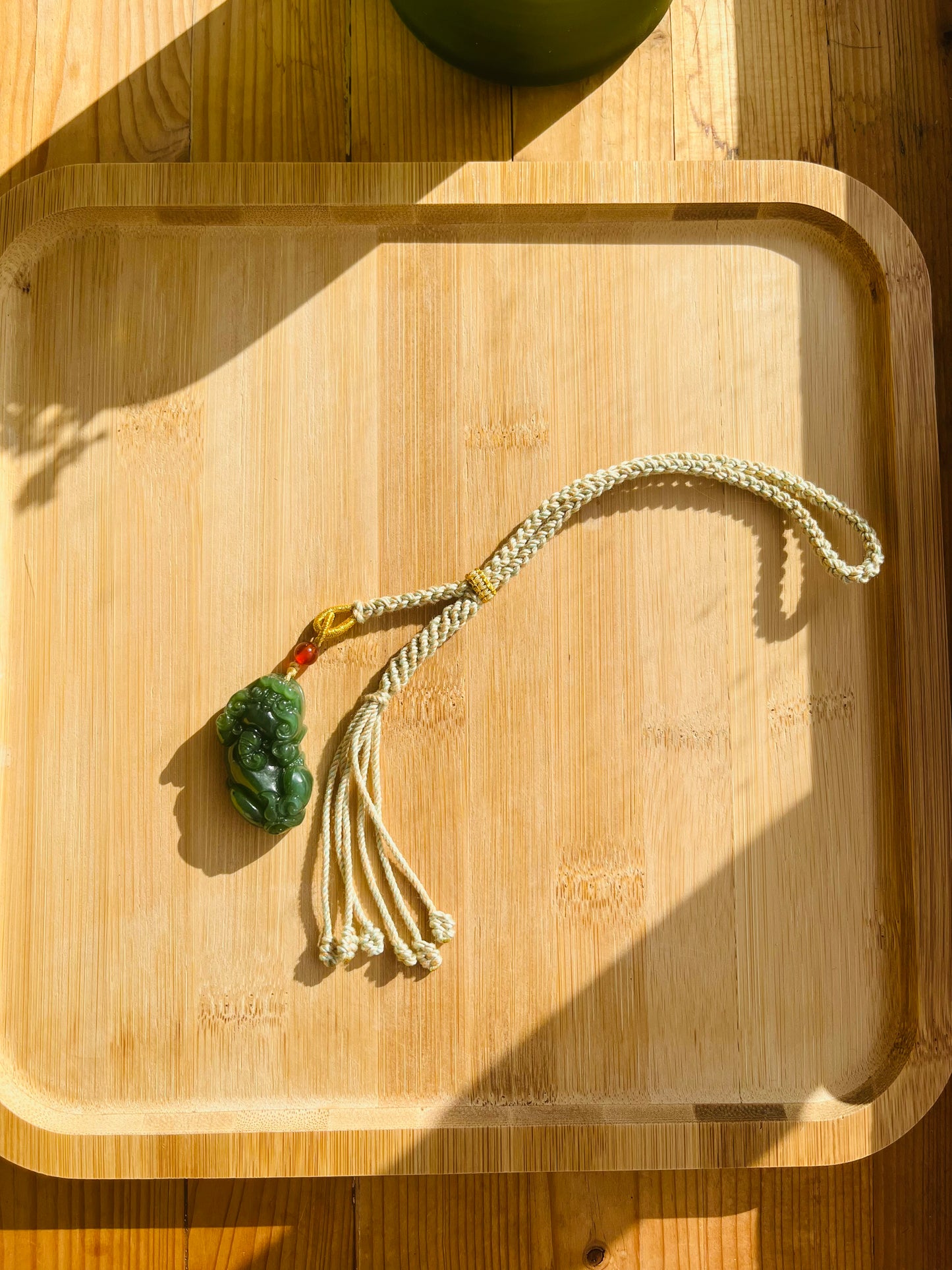 Handmade Bag Charm with a Carved Green Jade Pixiu, 碧玉貔貅包挂