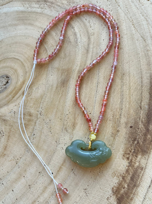 Handmade Necklace with 3mm Nanhong Agate Beads and Carved Jade Auspicious Clouds Ruyi Pendant, 南红玛瑙和田祥云如意项链