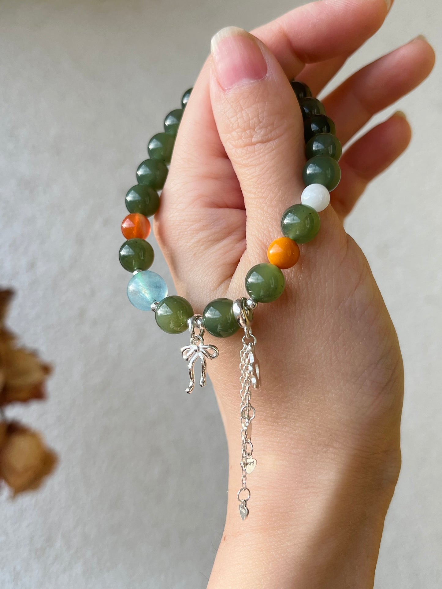 Green Jade Bracelet with 8mm Beads and S925 Sliver Accessories, 碧玉翡翠海蓝宝加银饰手串