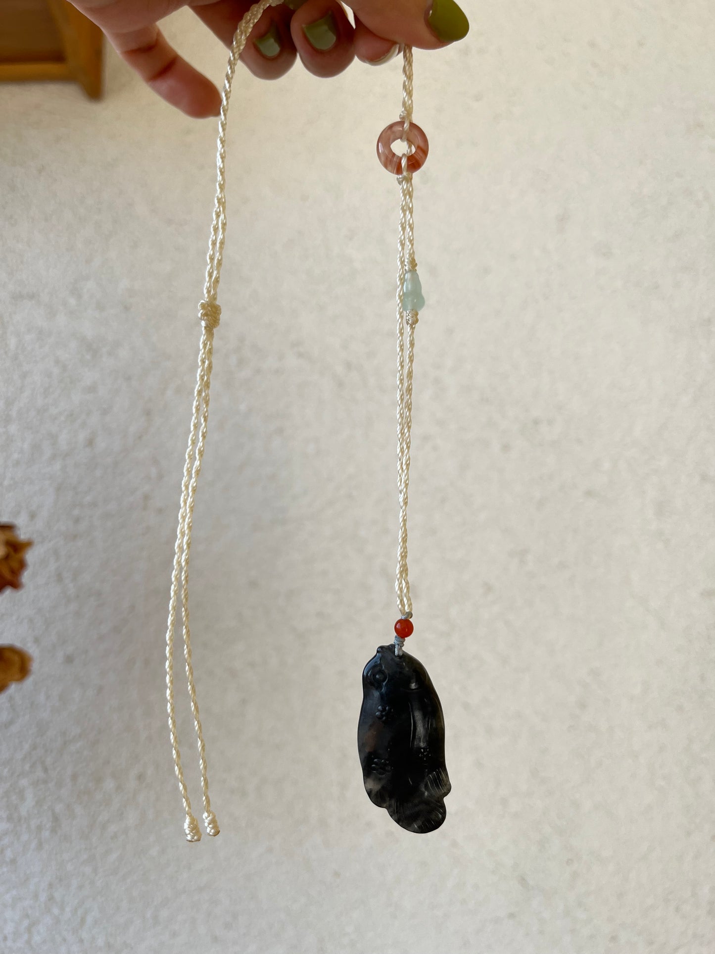 Handmade Necklace with a Hand Carved Black Jade (Qinghua) Fish Pendant and a Hand woven Cord, 手雕和田青花鱼吊坠