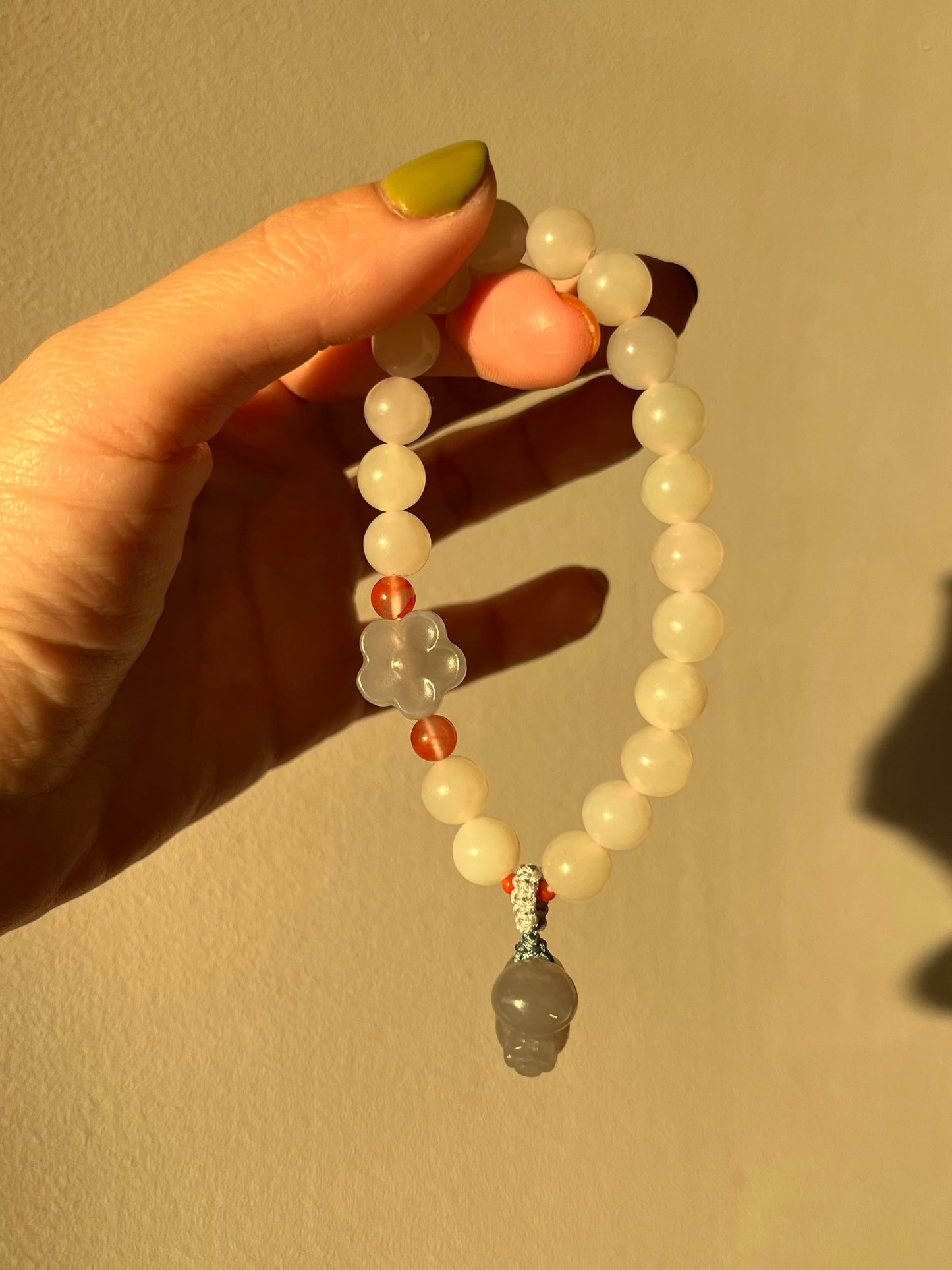 White Jade Bracelet with 8mm Bead and a Hand Carved Purple Jade Cat