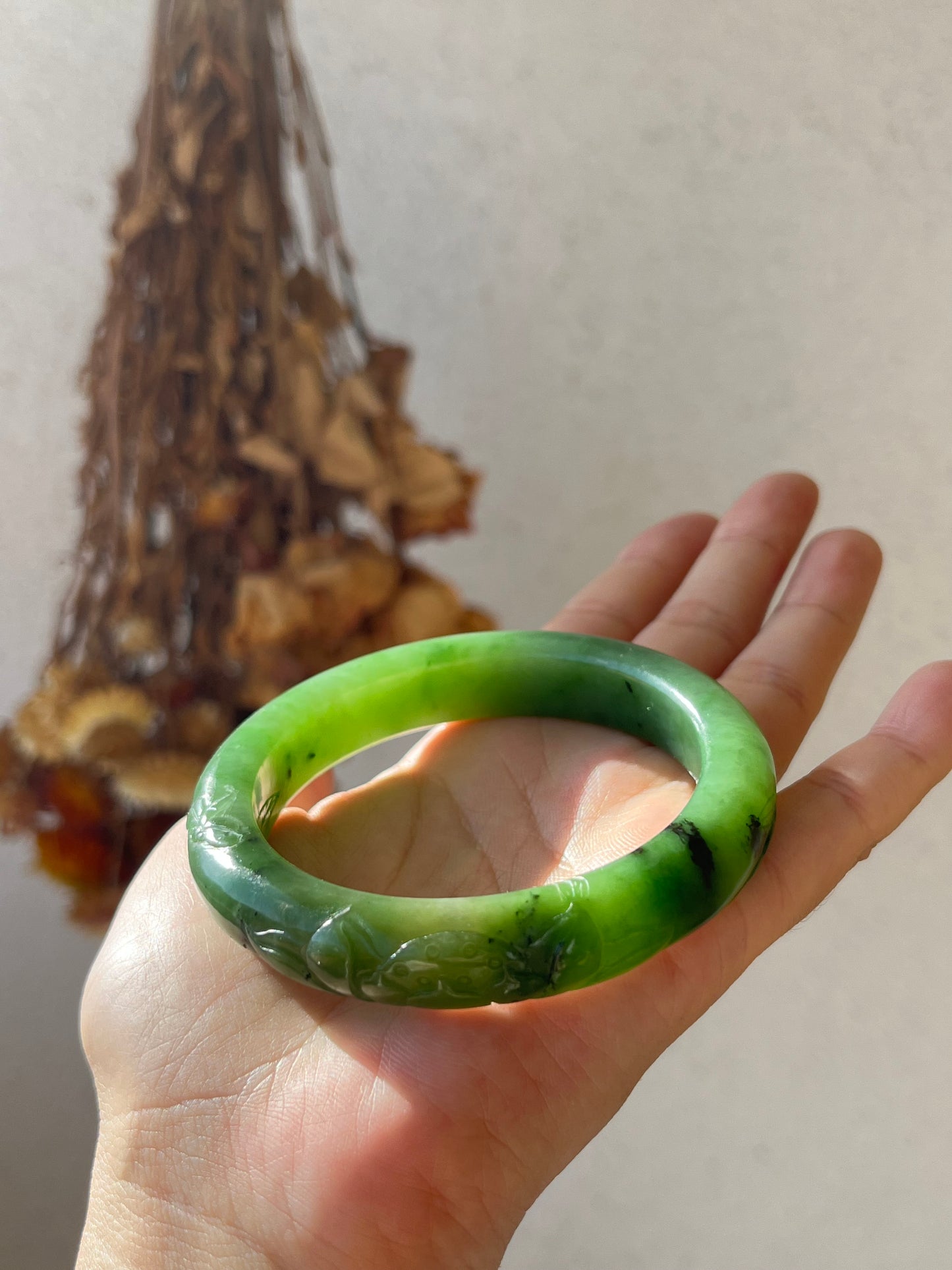 Carved Green Nephrite Jade Bangle 57mm