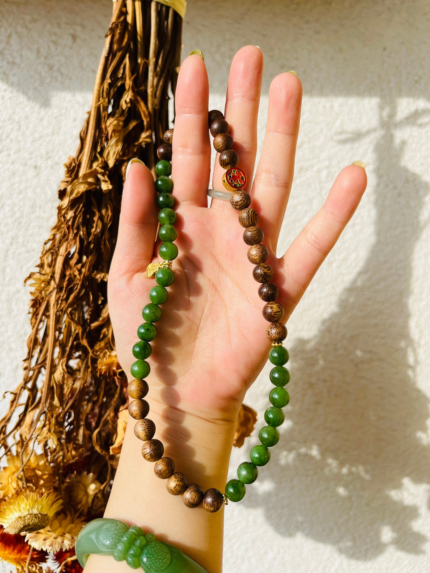 Handmade Double Loop Bracelet with 8mm Jade Beads and Sandalwood beads