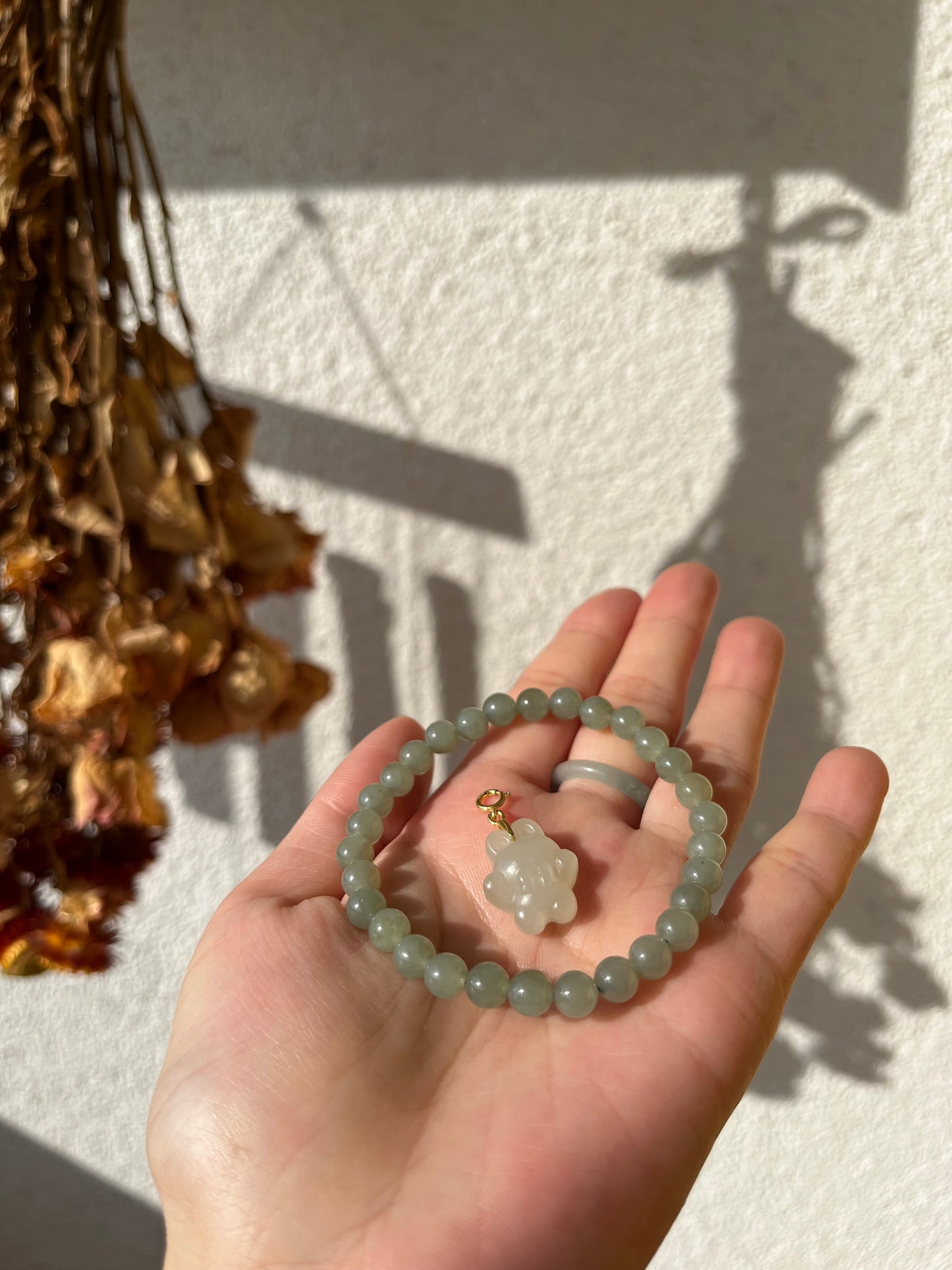 Blue Jade Bracelet with 4mm Beads and a Detachable Carved Jade Rabbit Pendant