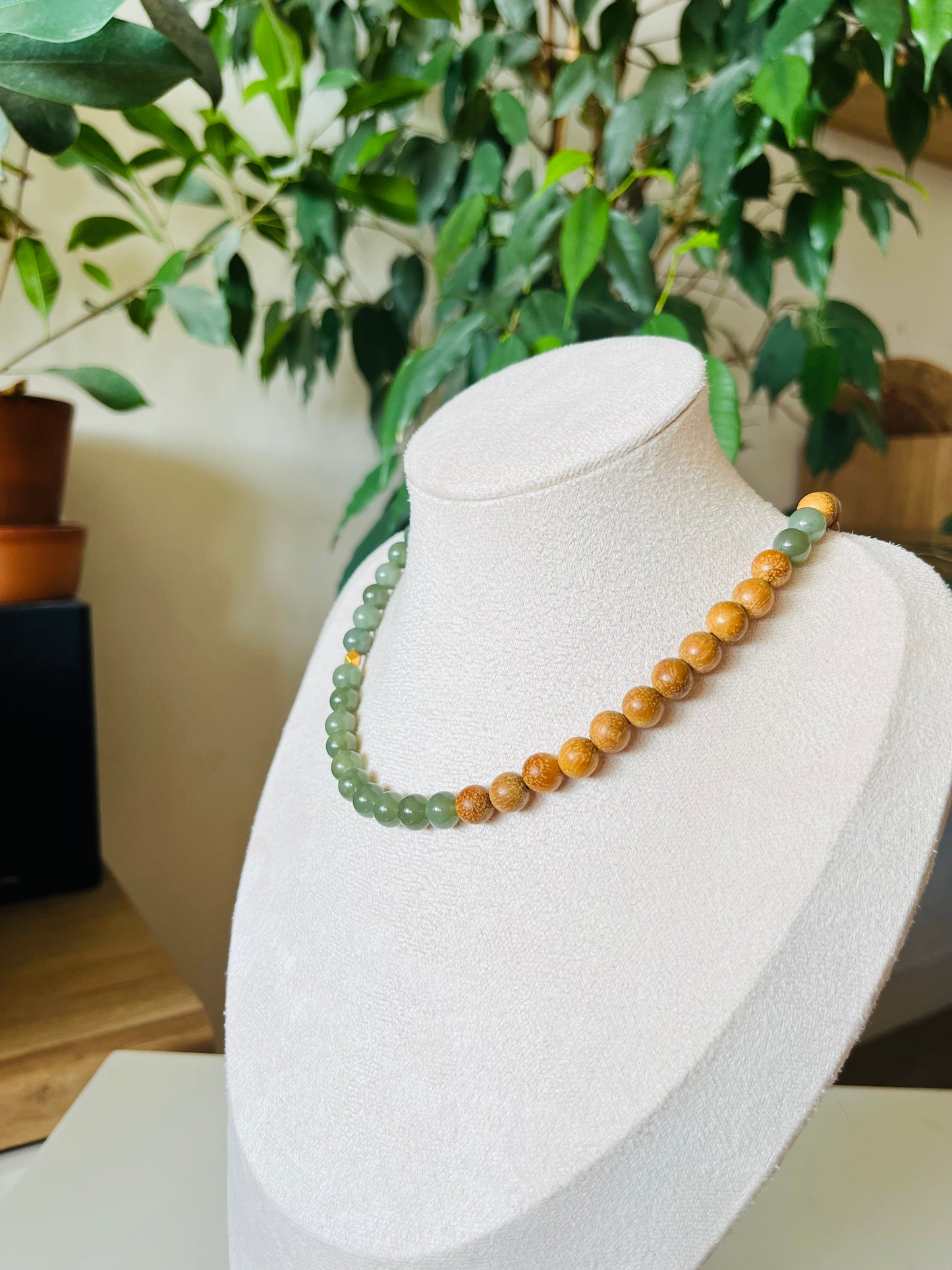 Handmade Necklace with 8mm Green Jade Beads and Bamboo Beads