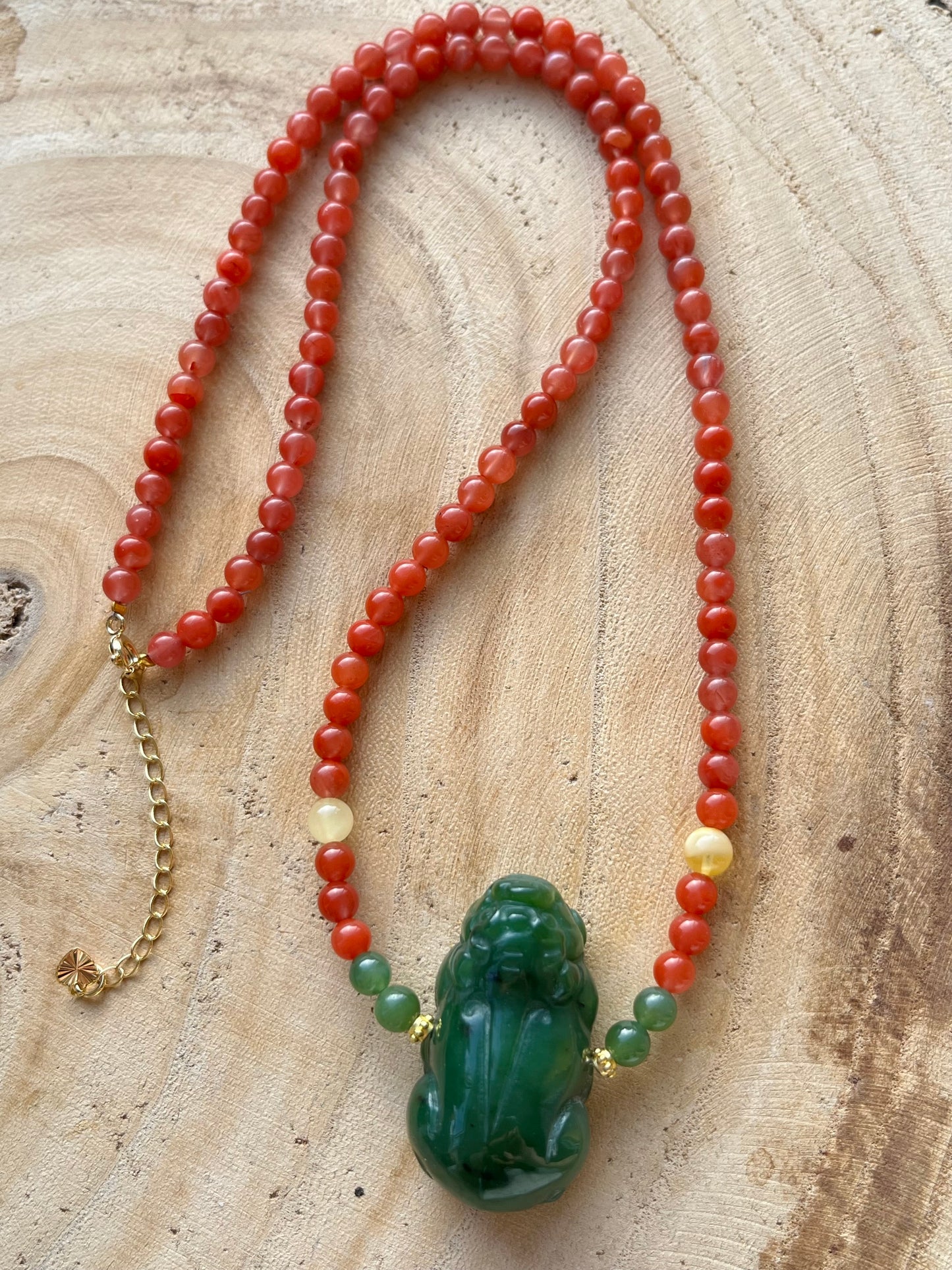 Handmade Necklace with a Carved Green Jade Pixiu and Nanhong Agate Beads