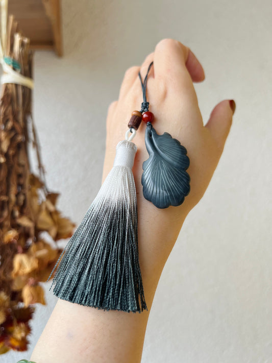 Handmade Bag Charm with a Hand Carved Qinghua Jade Ginkgo Biloba Pendant, 手雕和田青花银杏叶包挂