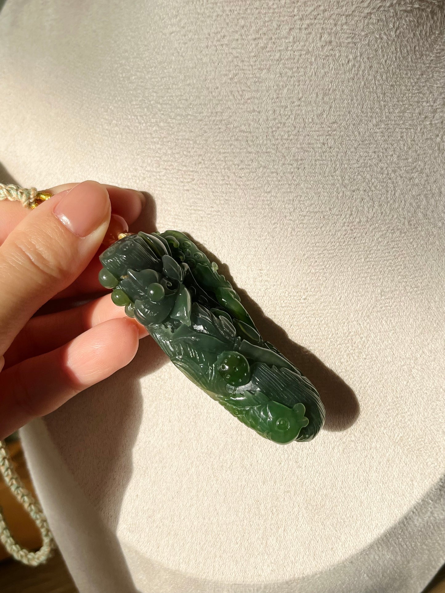 Hand Carved Green Nephrite Fish and Lotus Pendant, 手雕碧玉荷花鱼手把件