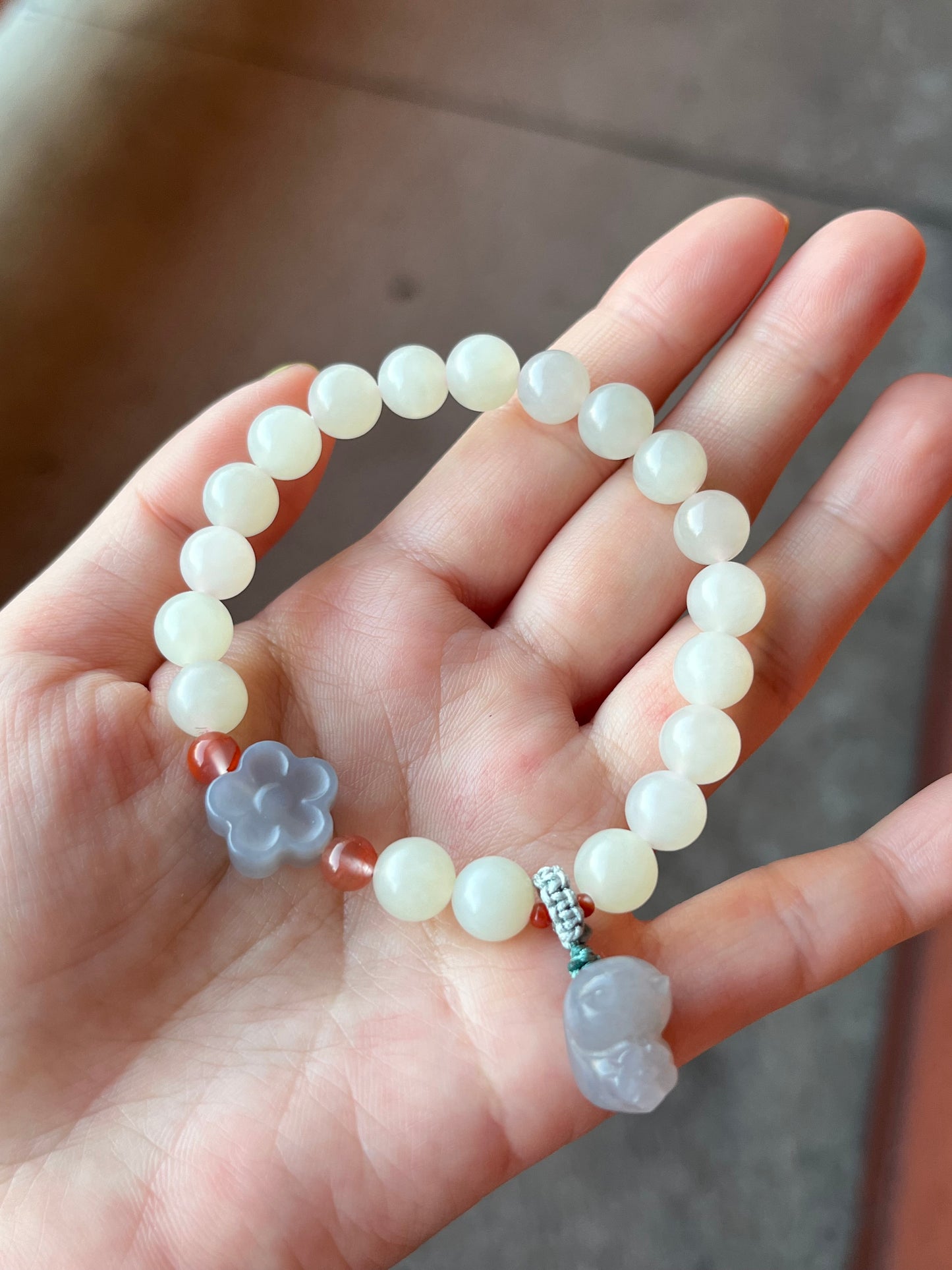 White Jade Bracelet with 8mm Bead and a Hand Carved Purple Jade Cat