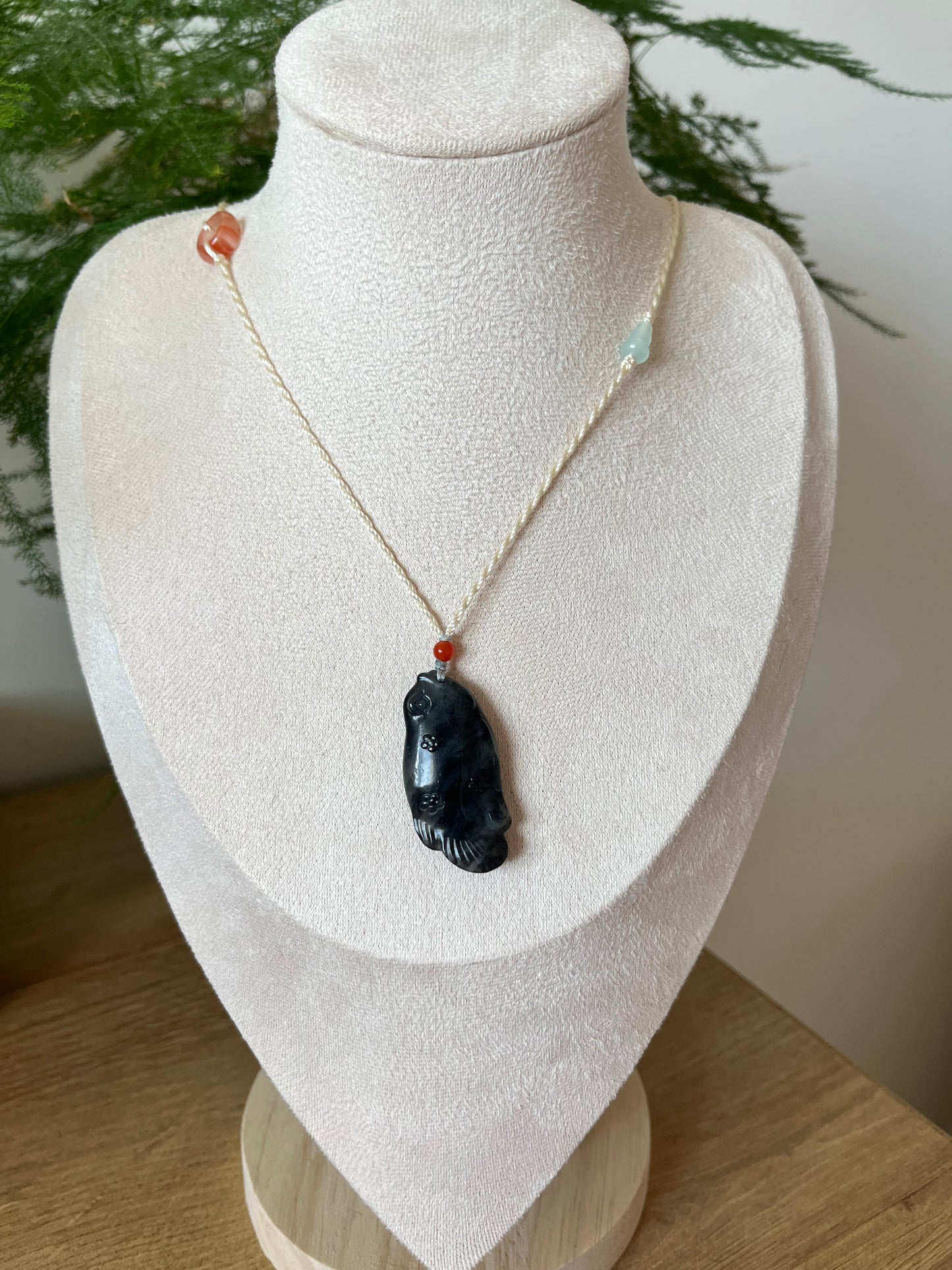 Handmade Necklace with a Hand Carved Black Jade (Qinghua) Fish Pendant and a Hand woven Cord, 手雕和田青花鱼吊坠