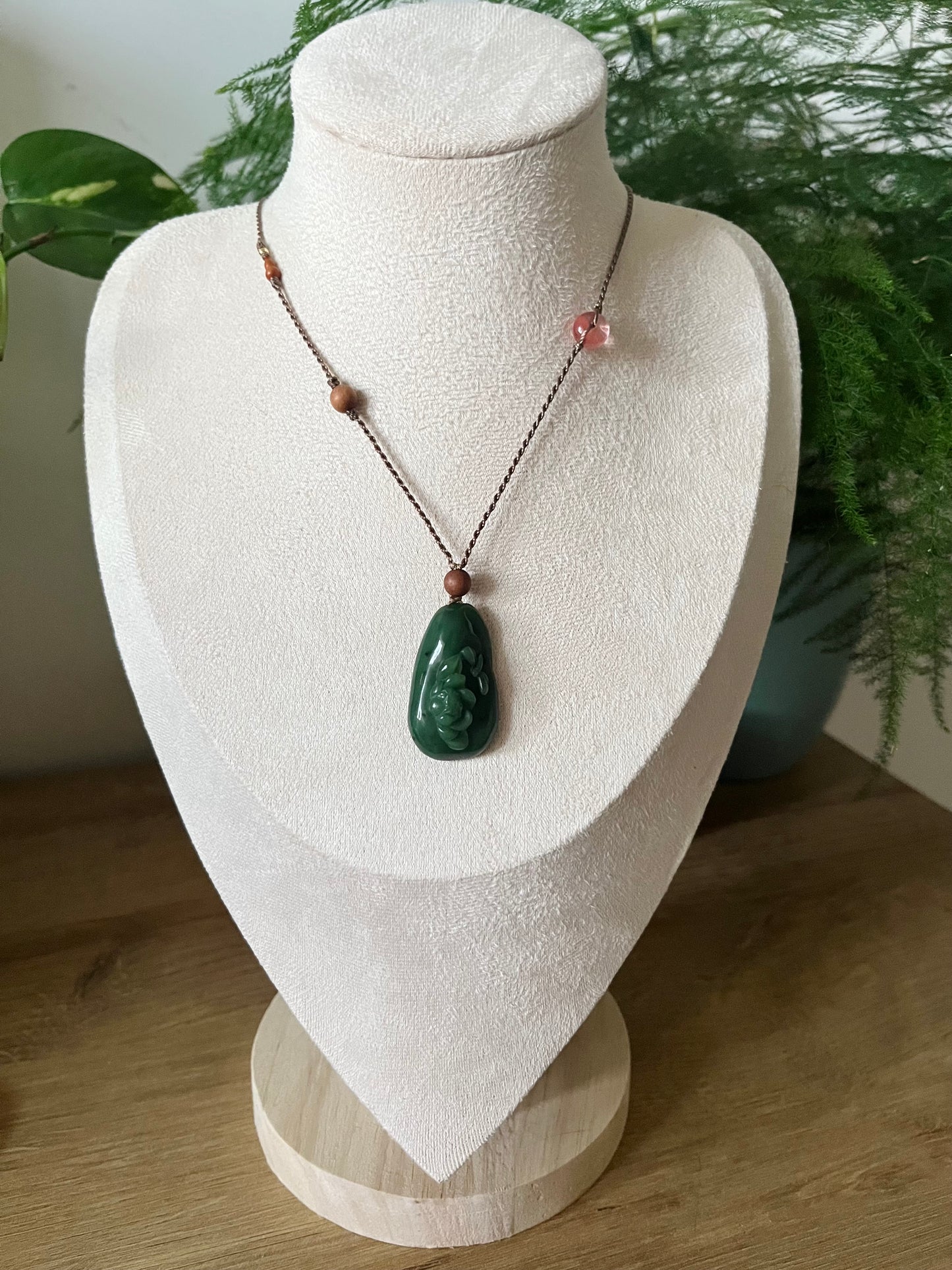 Handmade Necklace with a Hand Carved Green Jade Lotus and Dragonfly Pendant