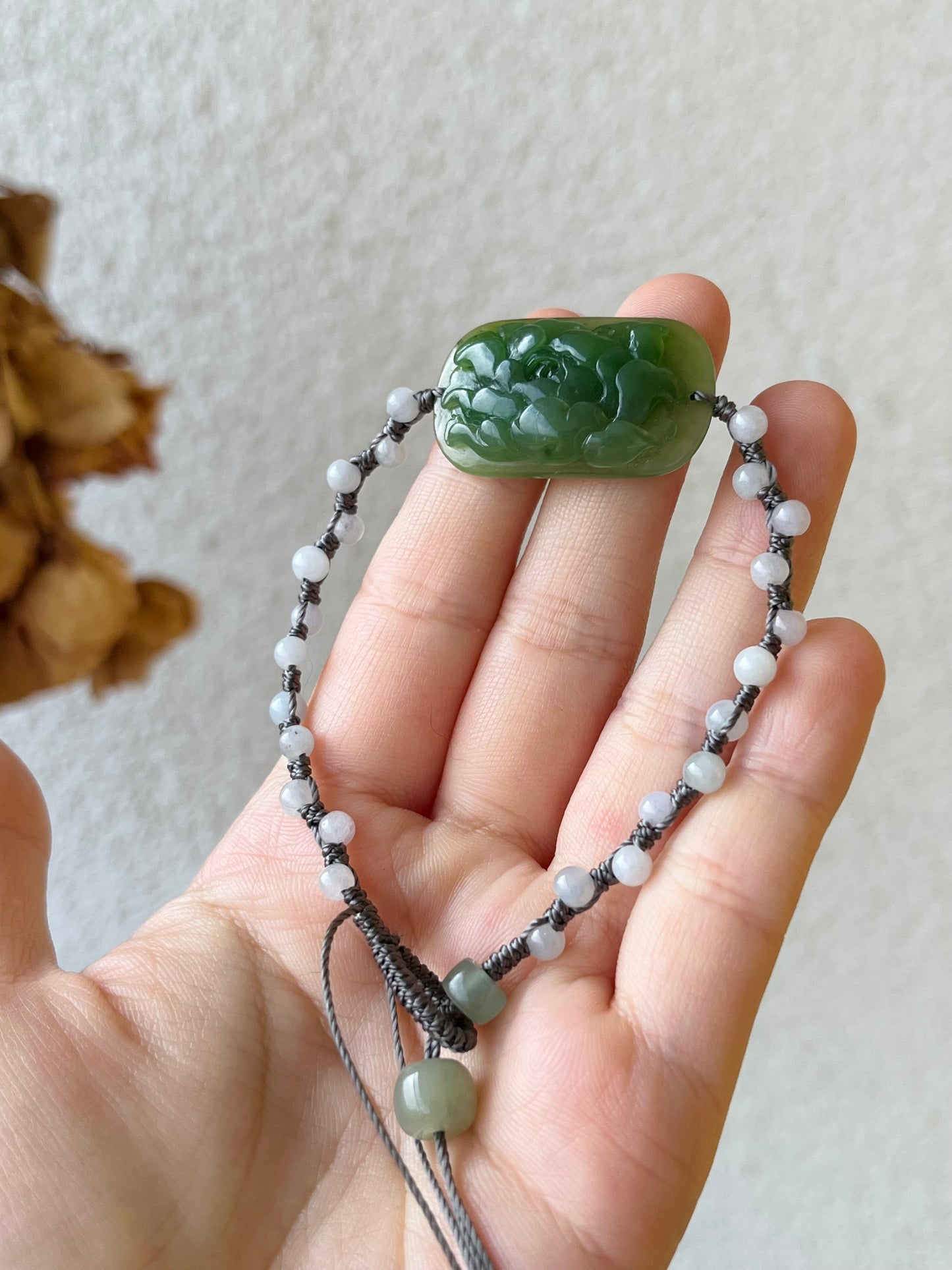 Hand-woven Charm Bracelet with a Hand Carved Green Jade Peony