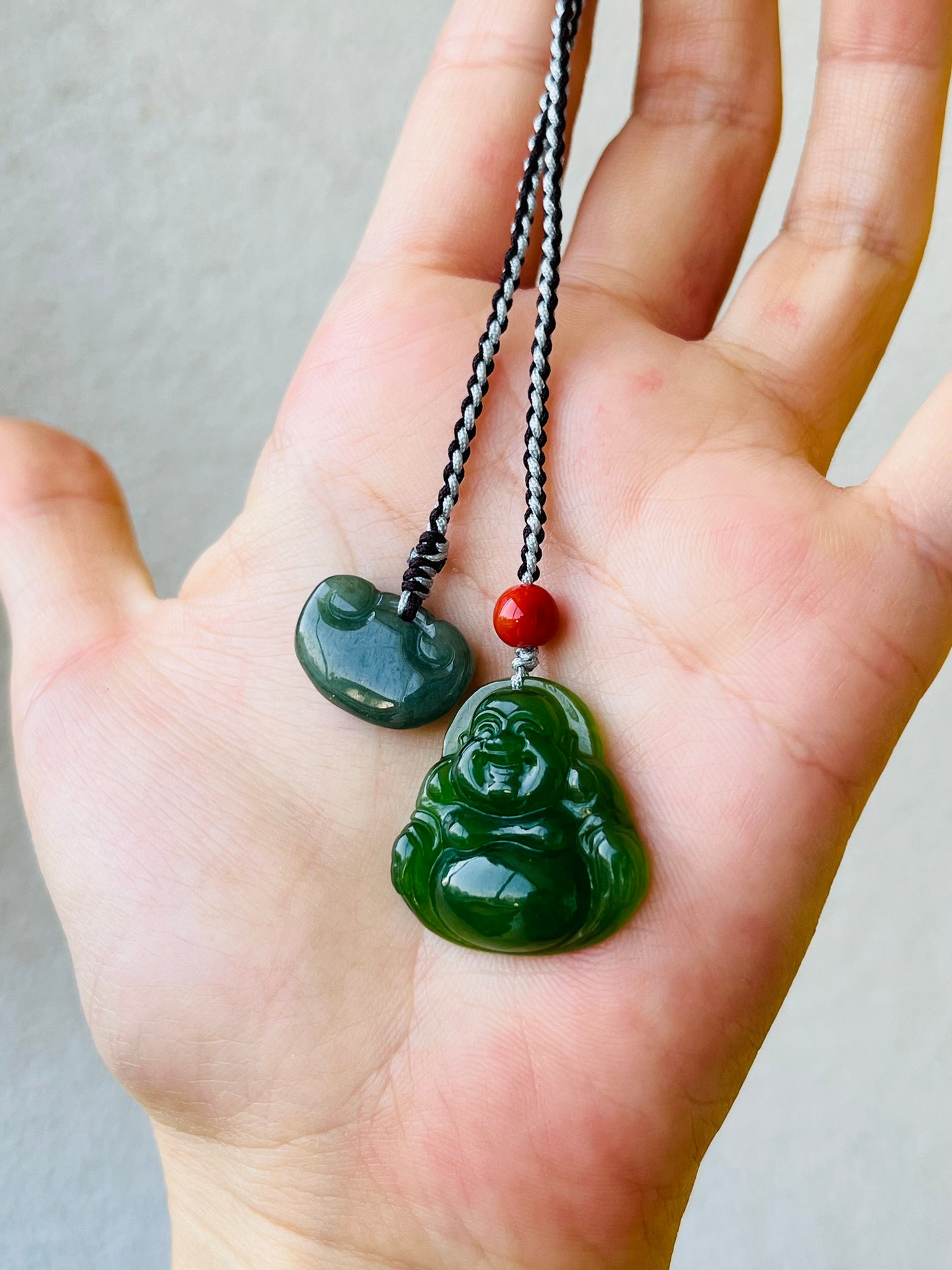 Handmade Jade Maitreya Buddha Bag Charm, 无黑点碧玉佛公包挂