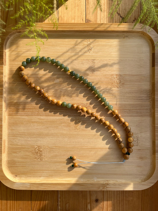 Handmade Necklace with 8mm Green Jade Beads and Bamboo Beads