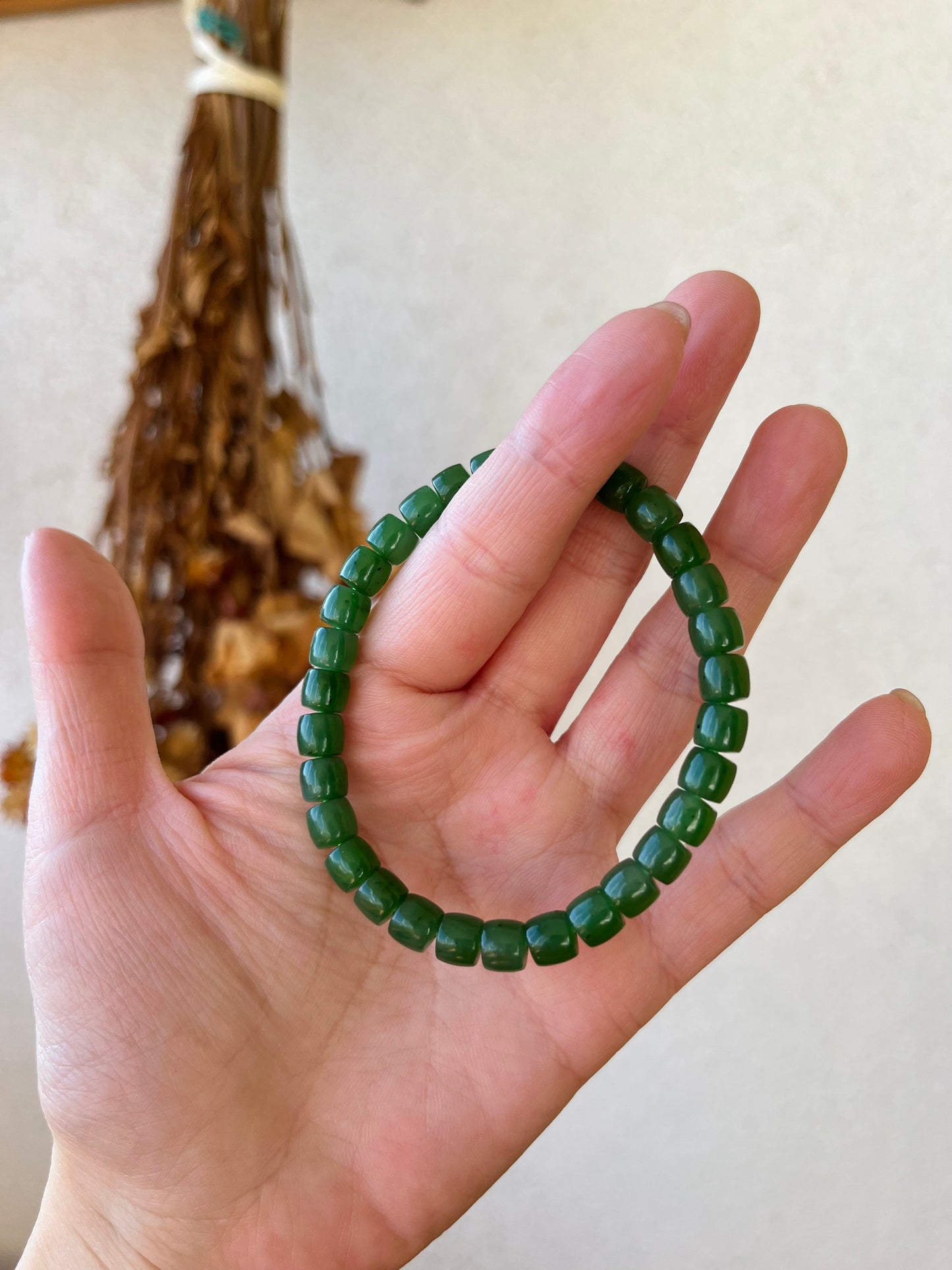 Green Nephrite Jade Beaded Bracelet (6mm x 4mm)