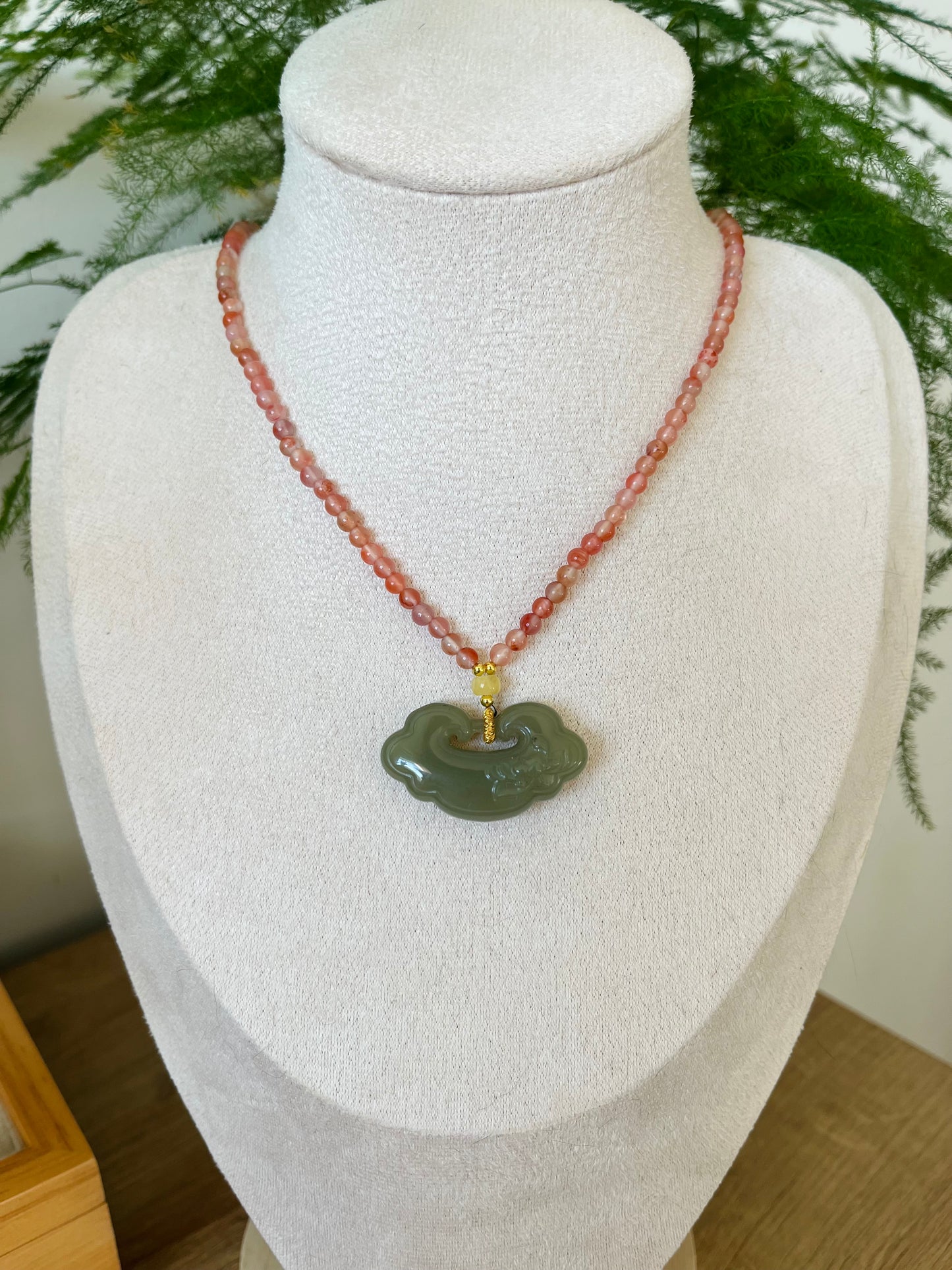 Handmade Necklace with 3mm Nanhong Agate Beads and Carved Jade Auspicious Clouds Ruyi Pendant, 南红玛瑙和田祥云如意项链