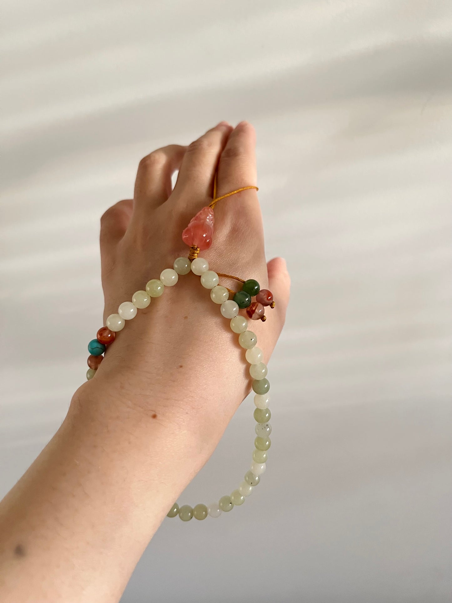 Handmade Jade Beaded with Agate Pixiu Phone Strap，手编和田玉南红貔貅手机链