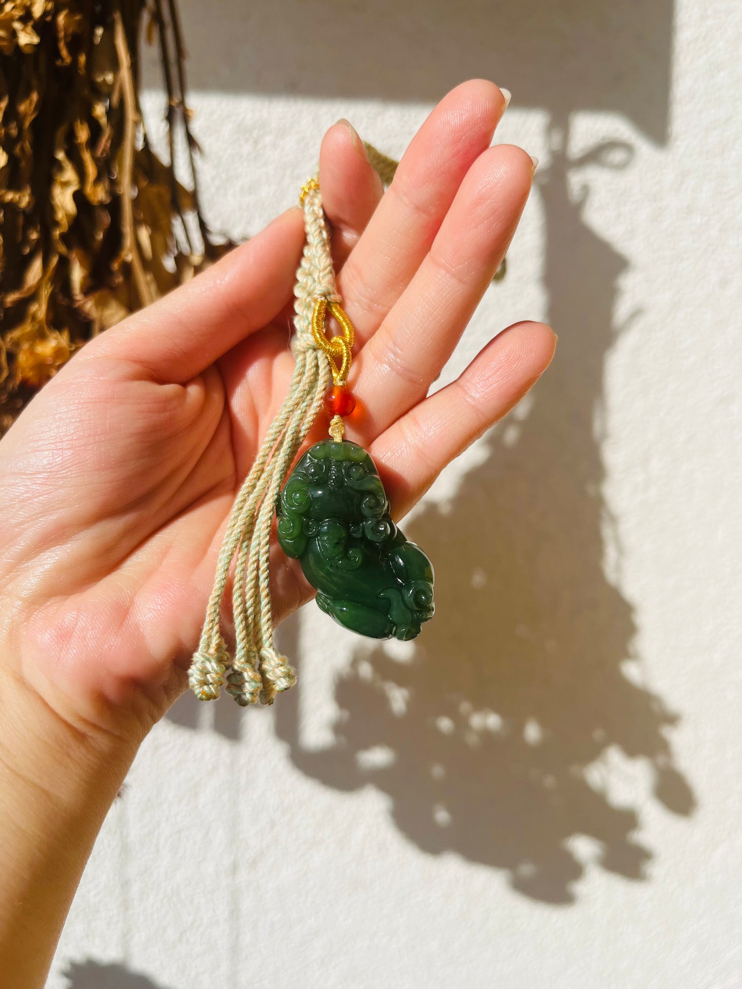 Handmade Bag Charm with a Carved Green Jade Pixiu, 碧玉貔貅包挂