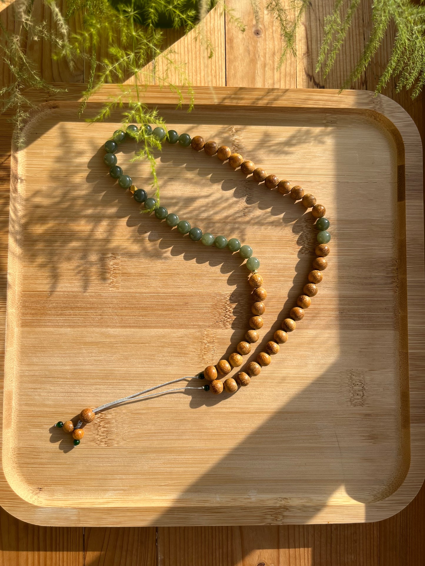 Handmade Necklace with 8mm Green Jade Beads and Bamboo Beads