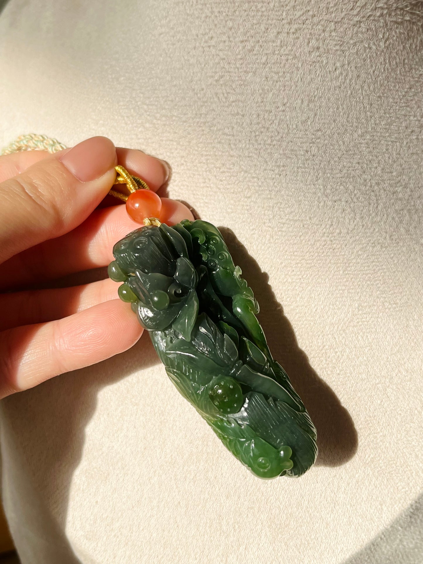 Hand Carved Green Nephrite Fish and Lotus Pendant, 手雕碧玉荷花鱼手把件