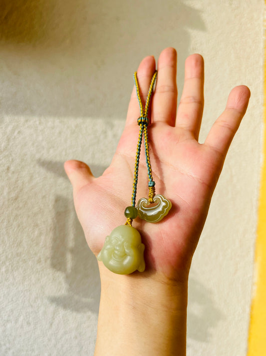 Handmade Jade Maitreya Buddha Bag Charm，黄玉佛公包挂