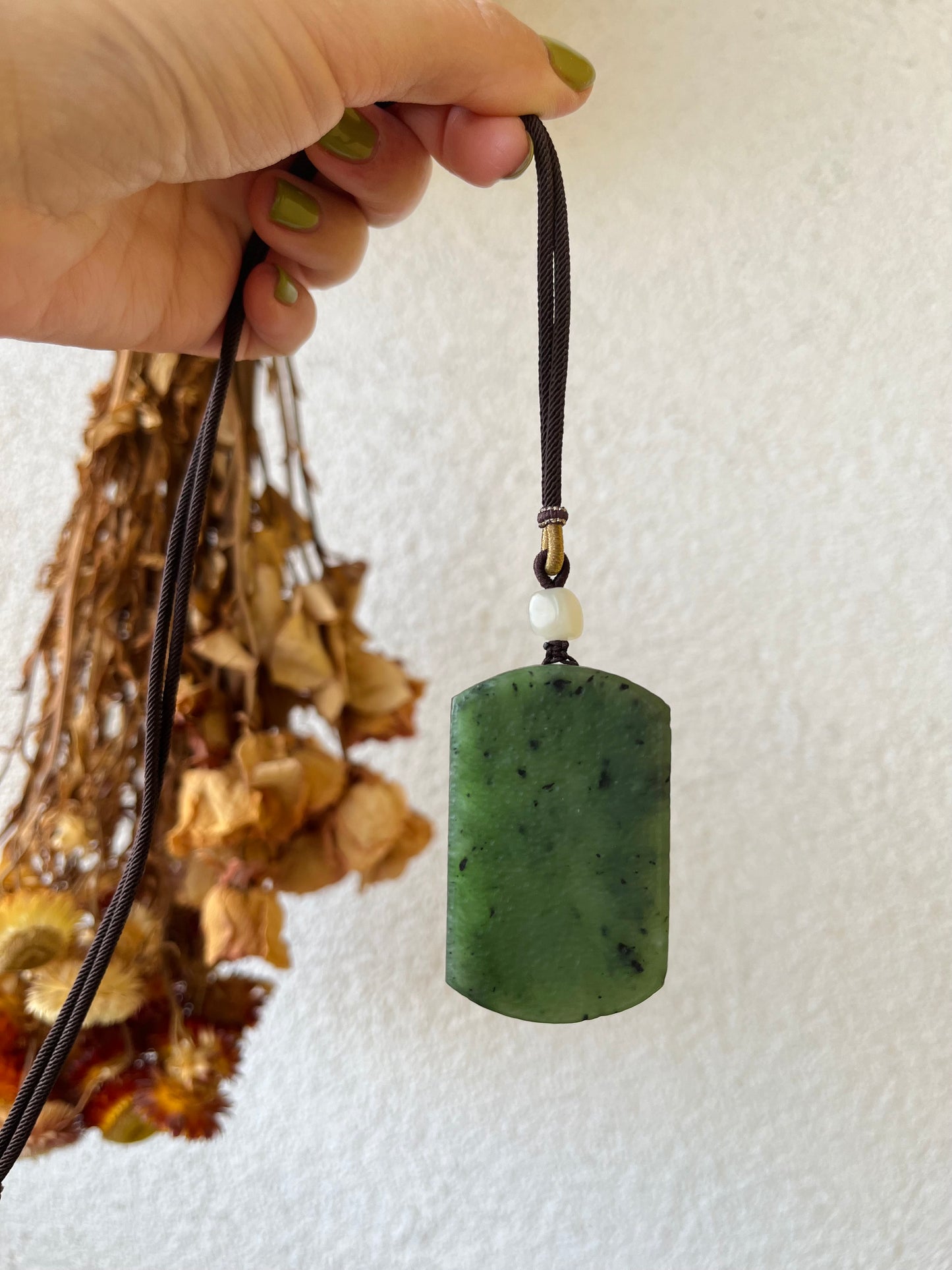 Antique-style Green Jade Flat Pendant Necklace, 古风碧玉无事牌