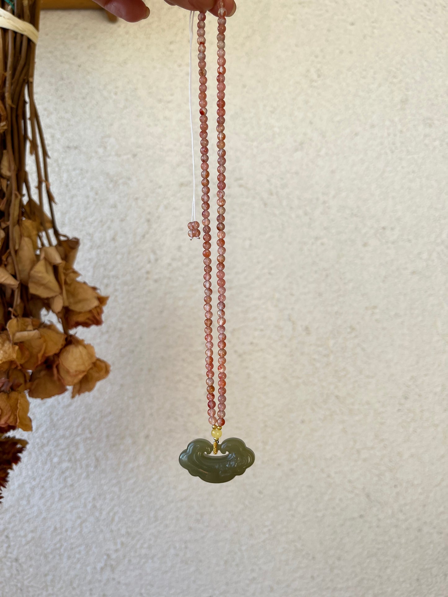 Handmade Necklace with 3mm Nanhong Agate Beads and Carved Jade Auspicious Clouds Ruyi Pendant, 南红玛瑙和田祥云如意项链