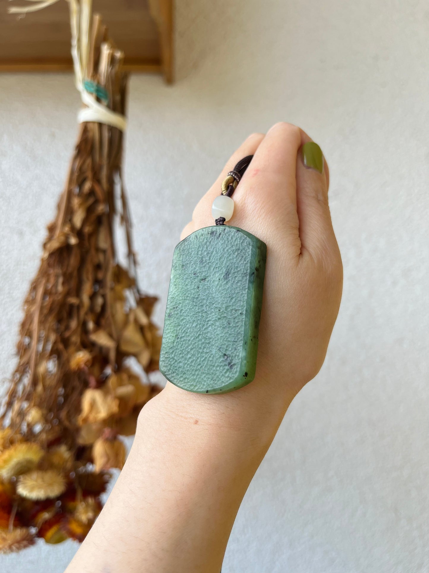 Antique-style Green Jade Flat Pendant Necklace, 古风碧玉无事牌